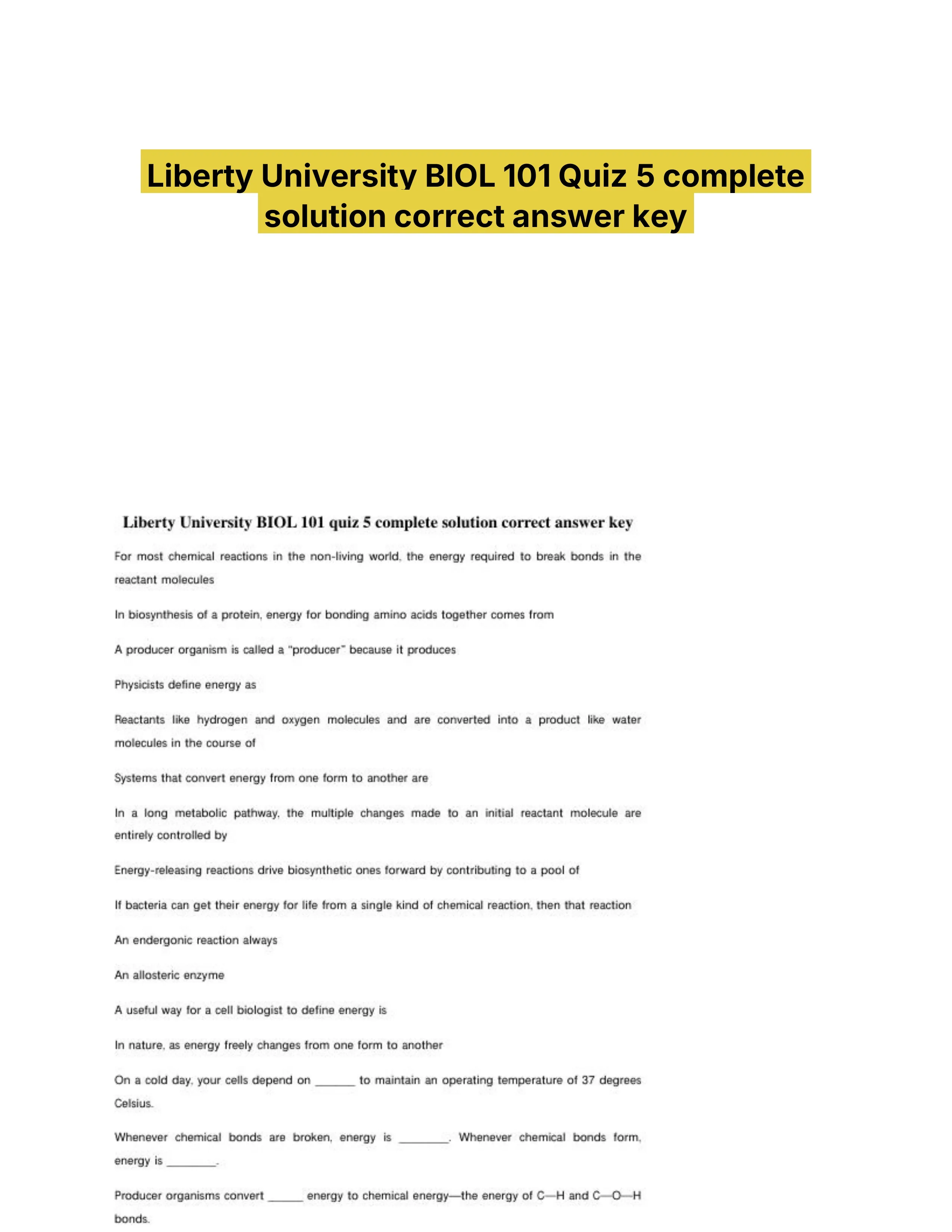Liberty University BIOL 101 Quiz 5 complete solution correct answer key