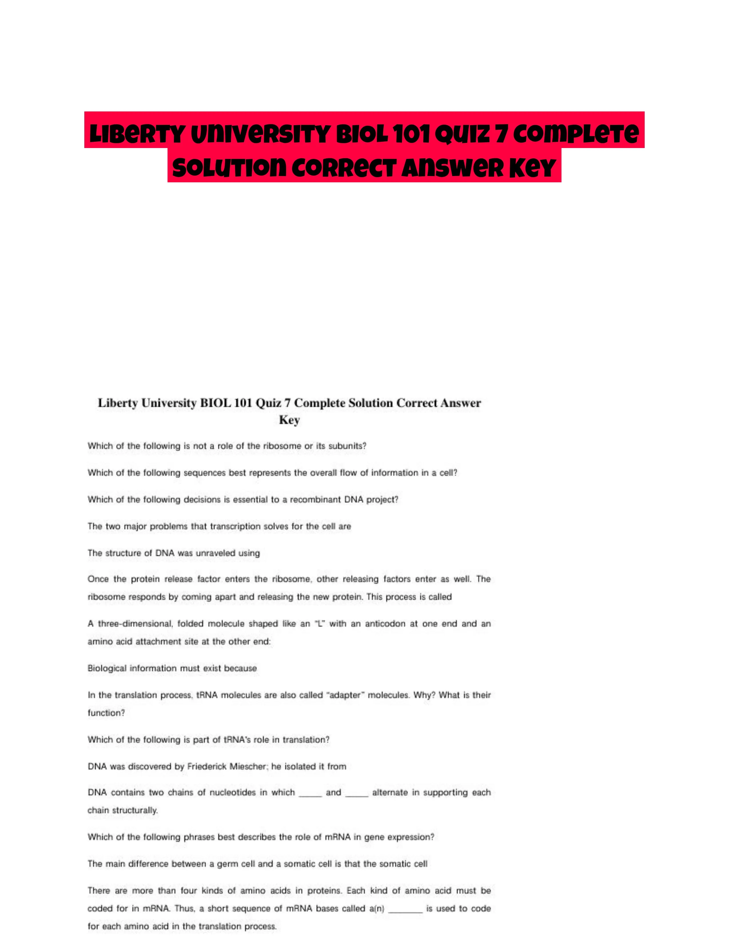 Liberty University BIOL 101 Quiz 7 Complete Solution Correct Answer Key