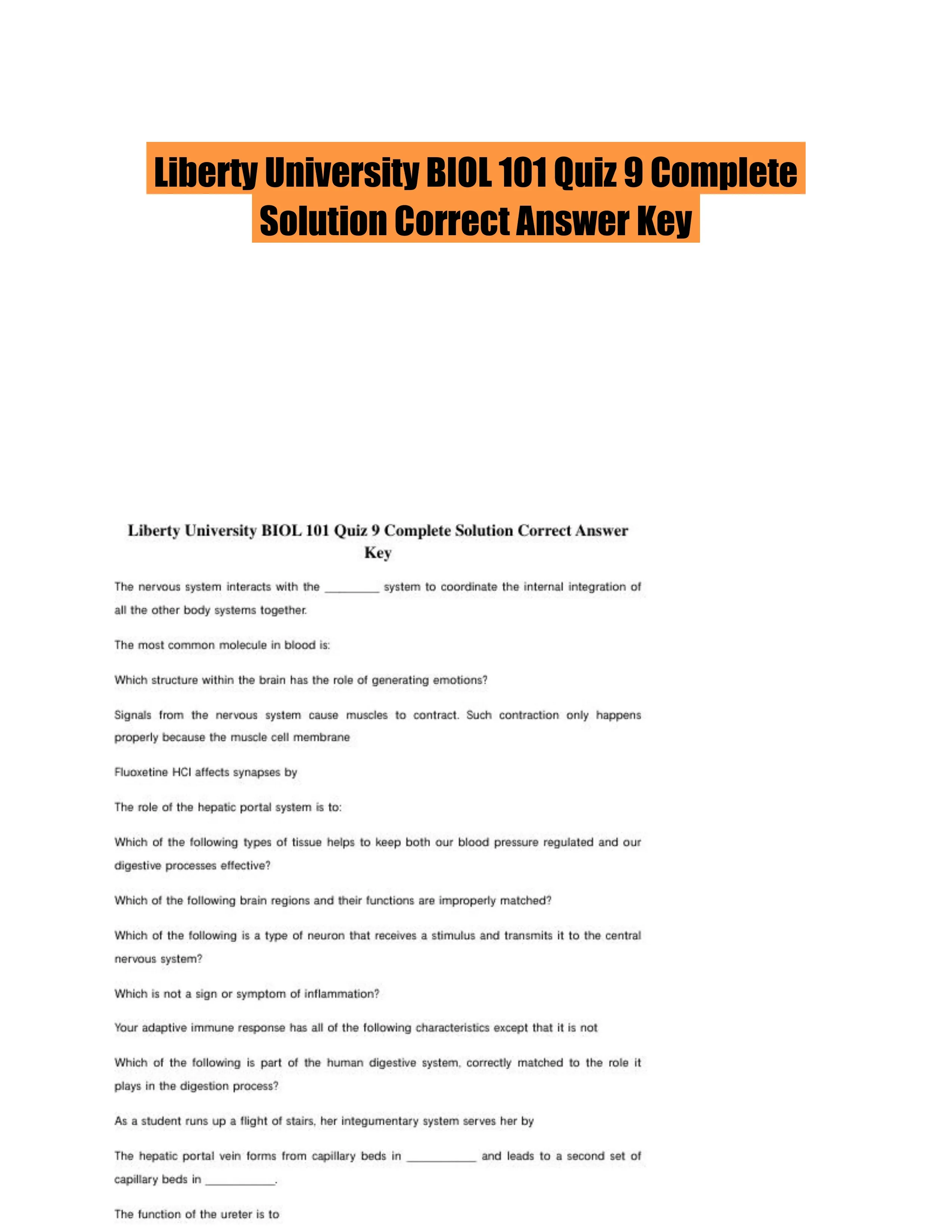 Liberty University BIOL 101 Quiz 9 Complete Solution Correct Answer Key