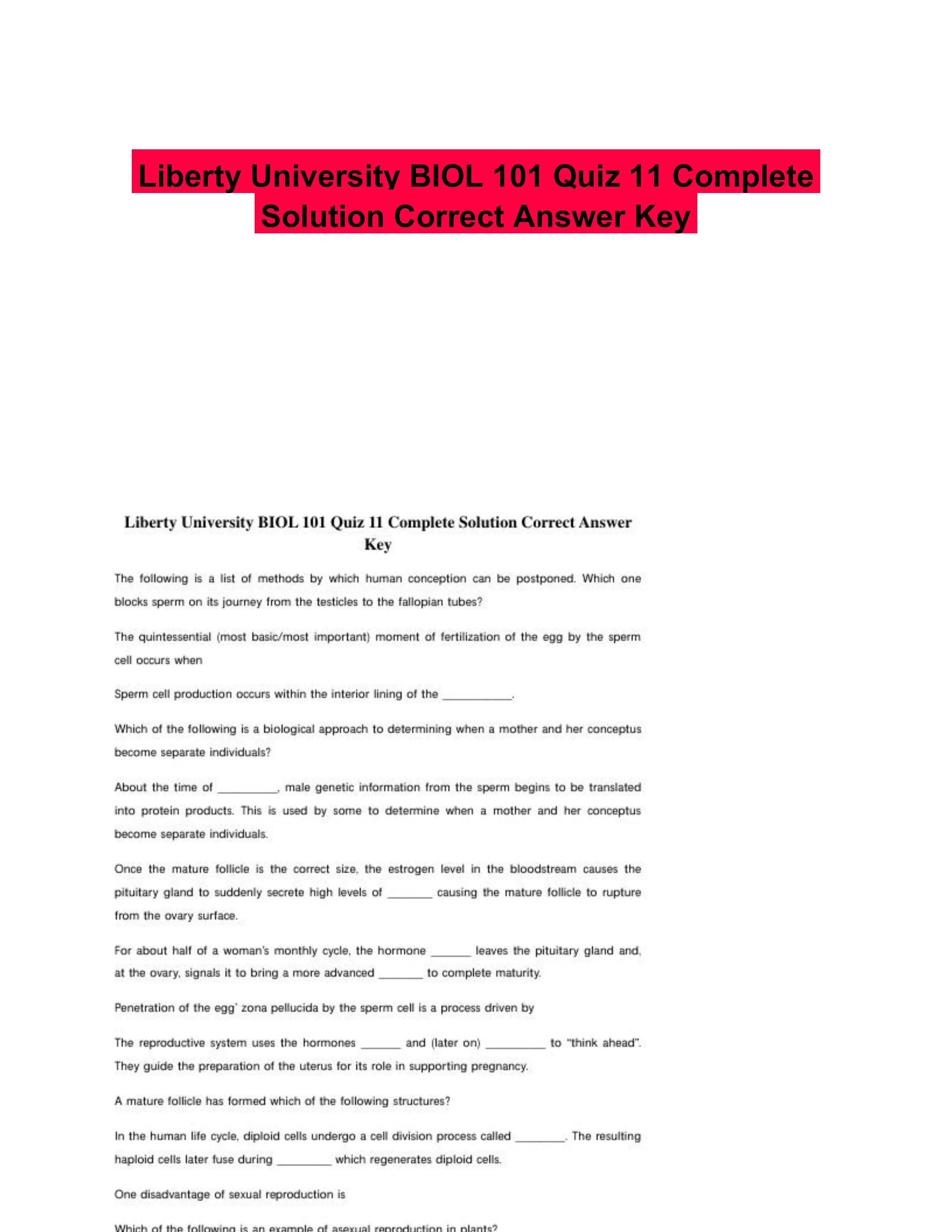 Liberty University BIOL 101 Quiz 11 Complete Solution Correct Answer Key