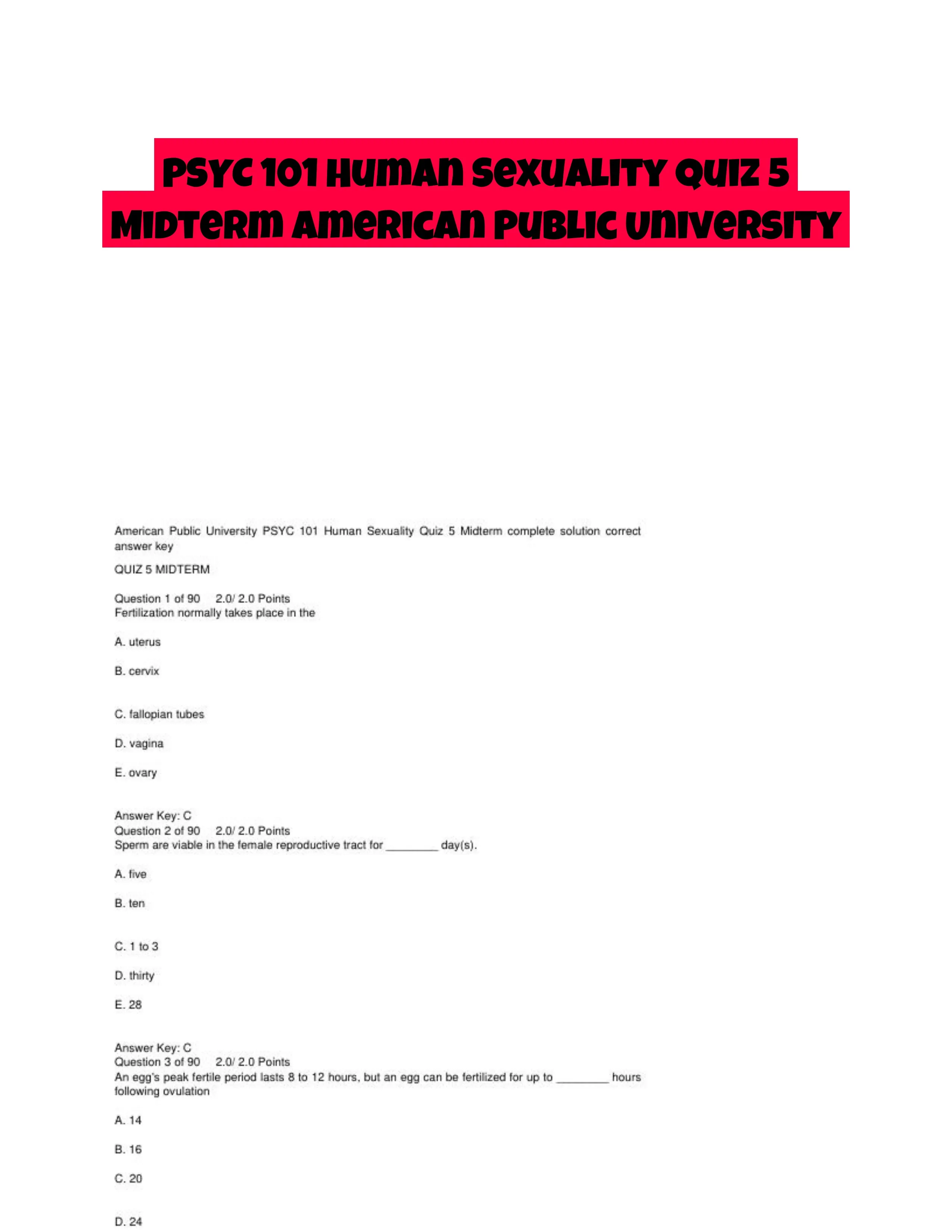 PSYC 101 Human Sexuality Quiz 5 Midterm American Public University
