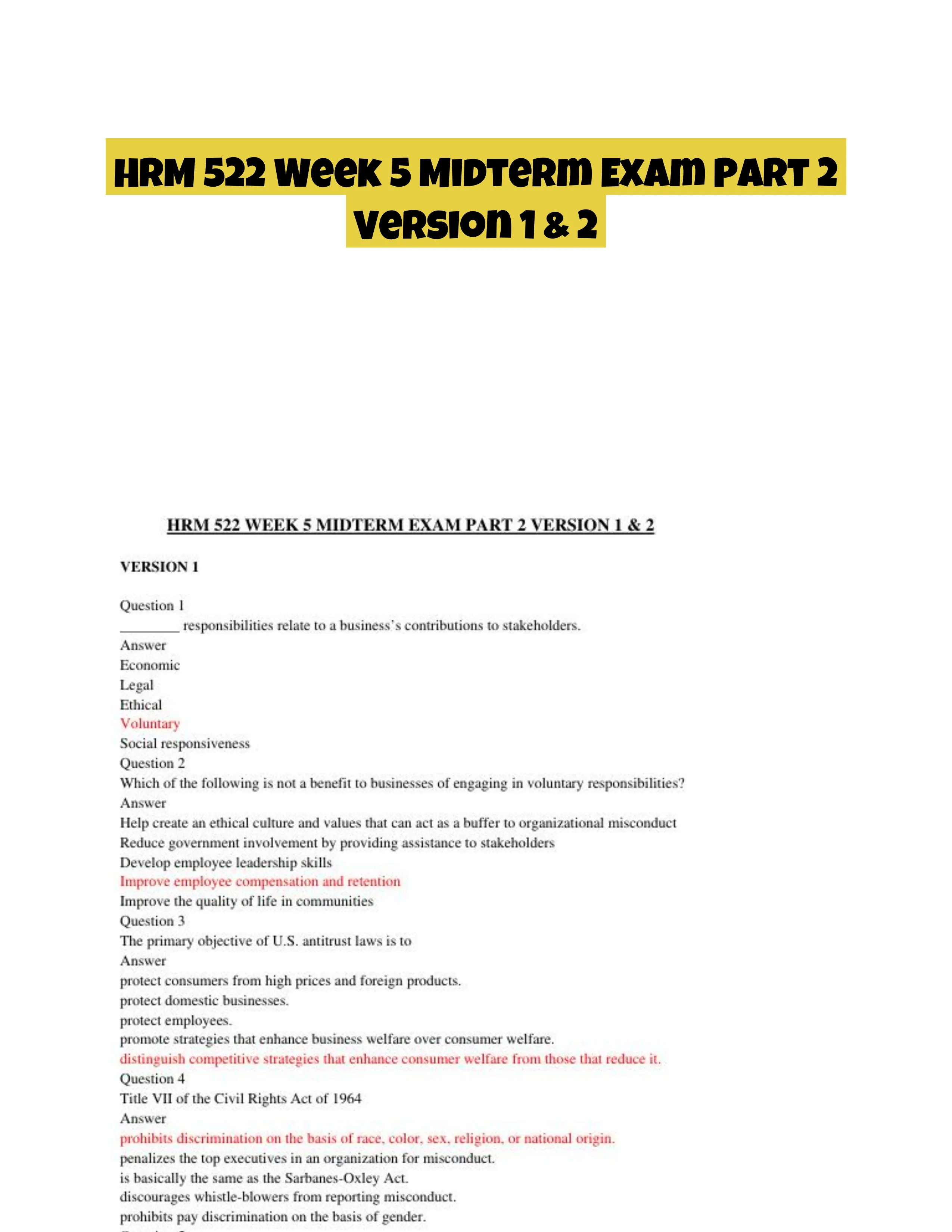 HRM 522 Week 5 Midterm Exam Part 2 Version 1 & 2