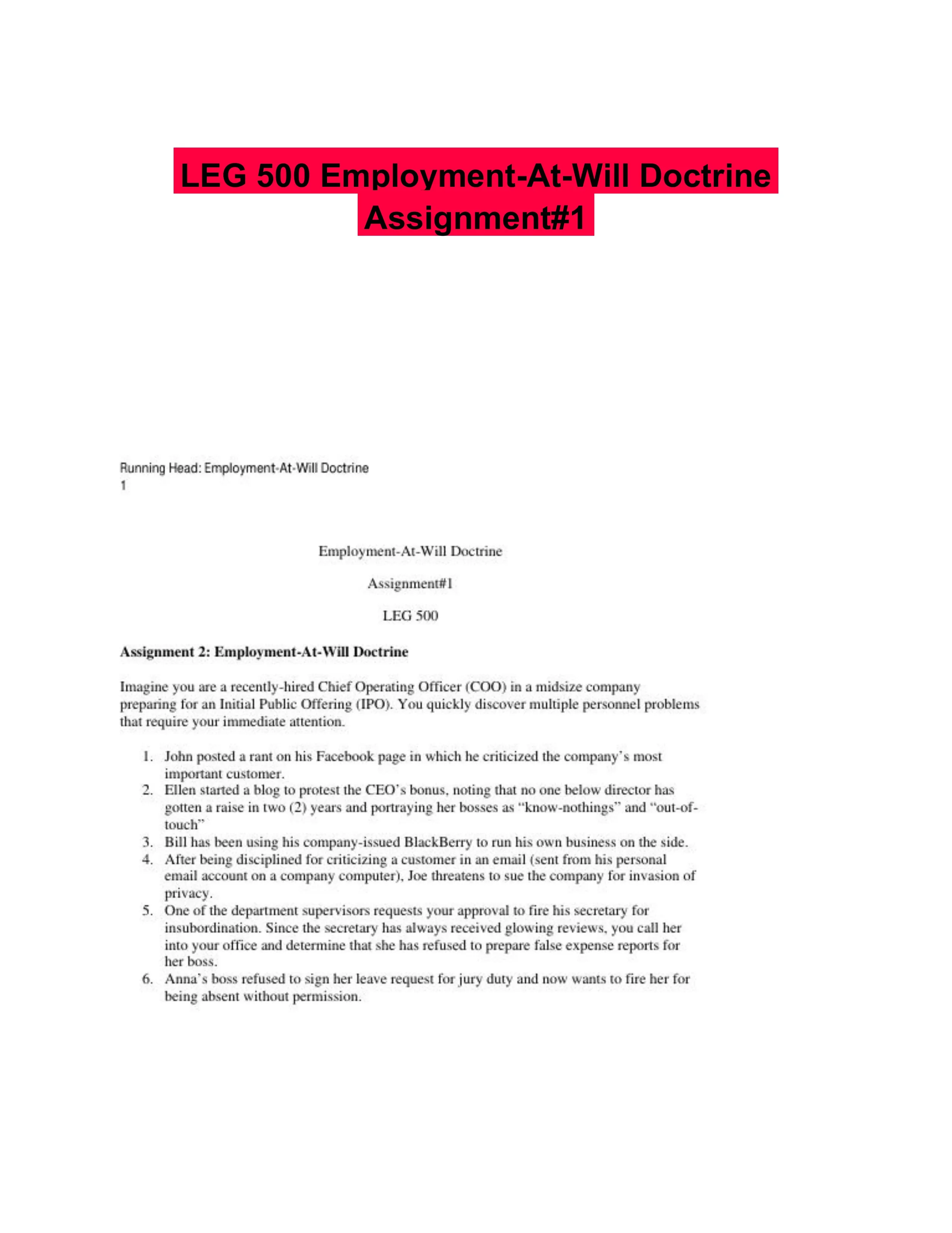 LEG 500 Employment-At-Will Doctrine Assignment#1