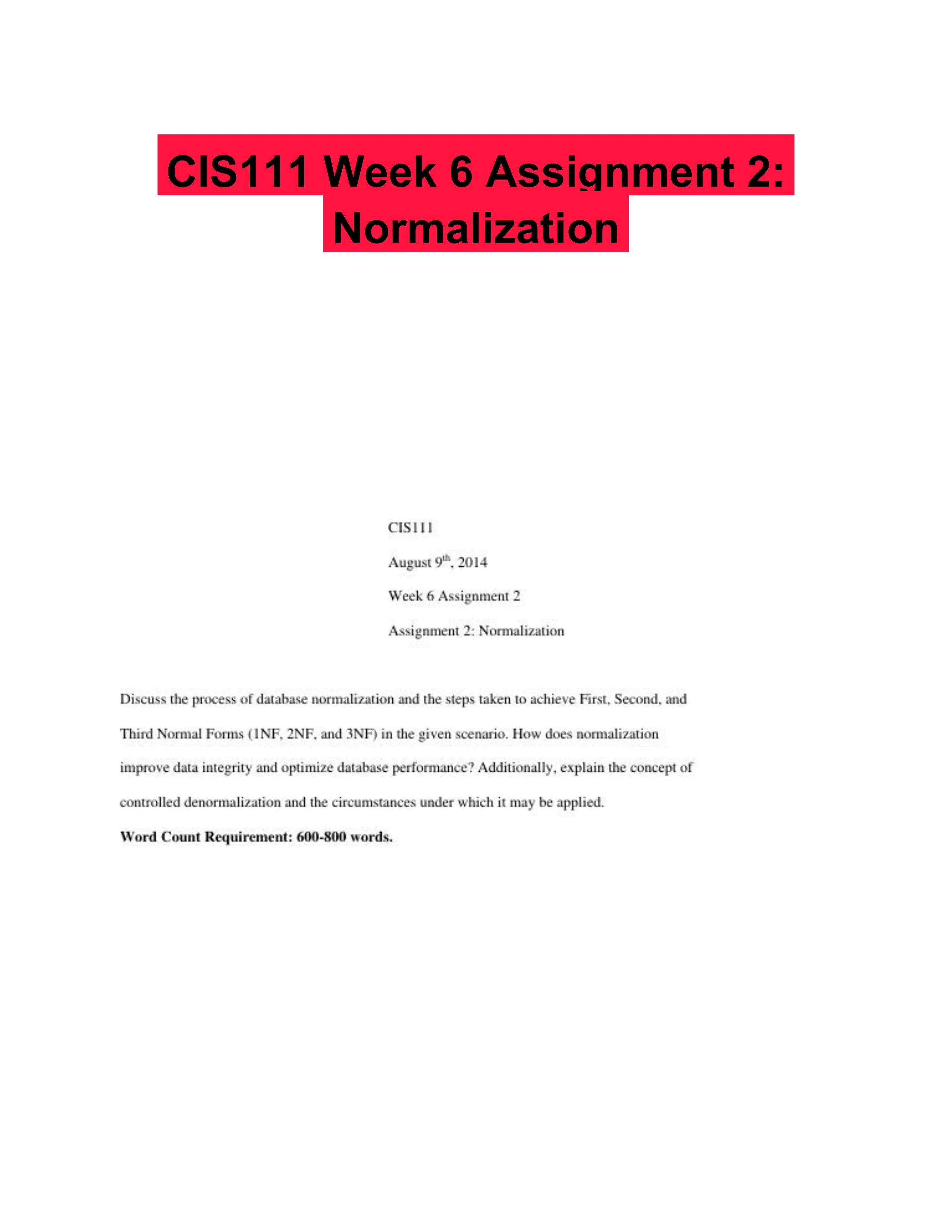 CIS111 Week 6 Assignment 2: Normalization