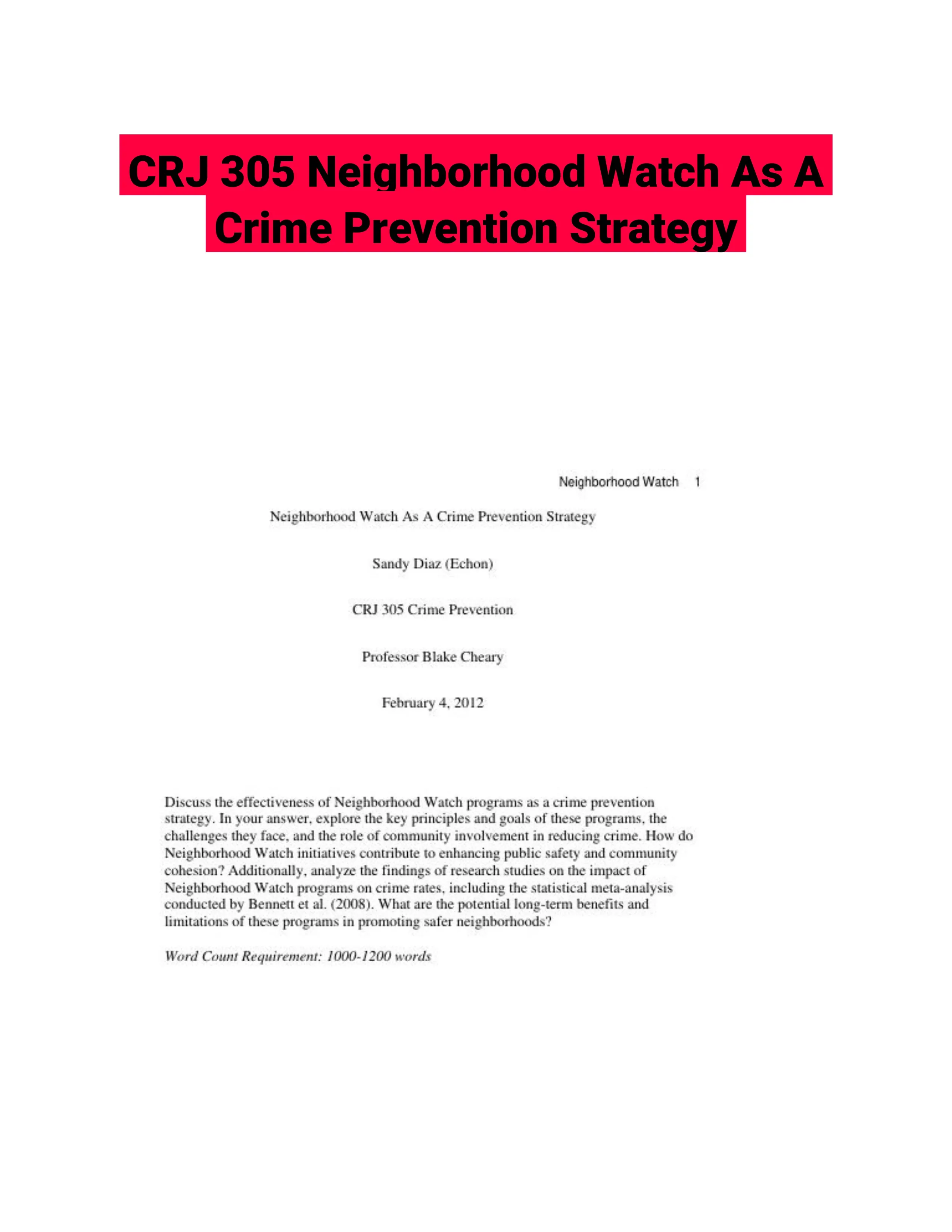 CRJ 305 Neighborhood Watch As A Crime Prevention Strategy