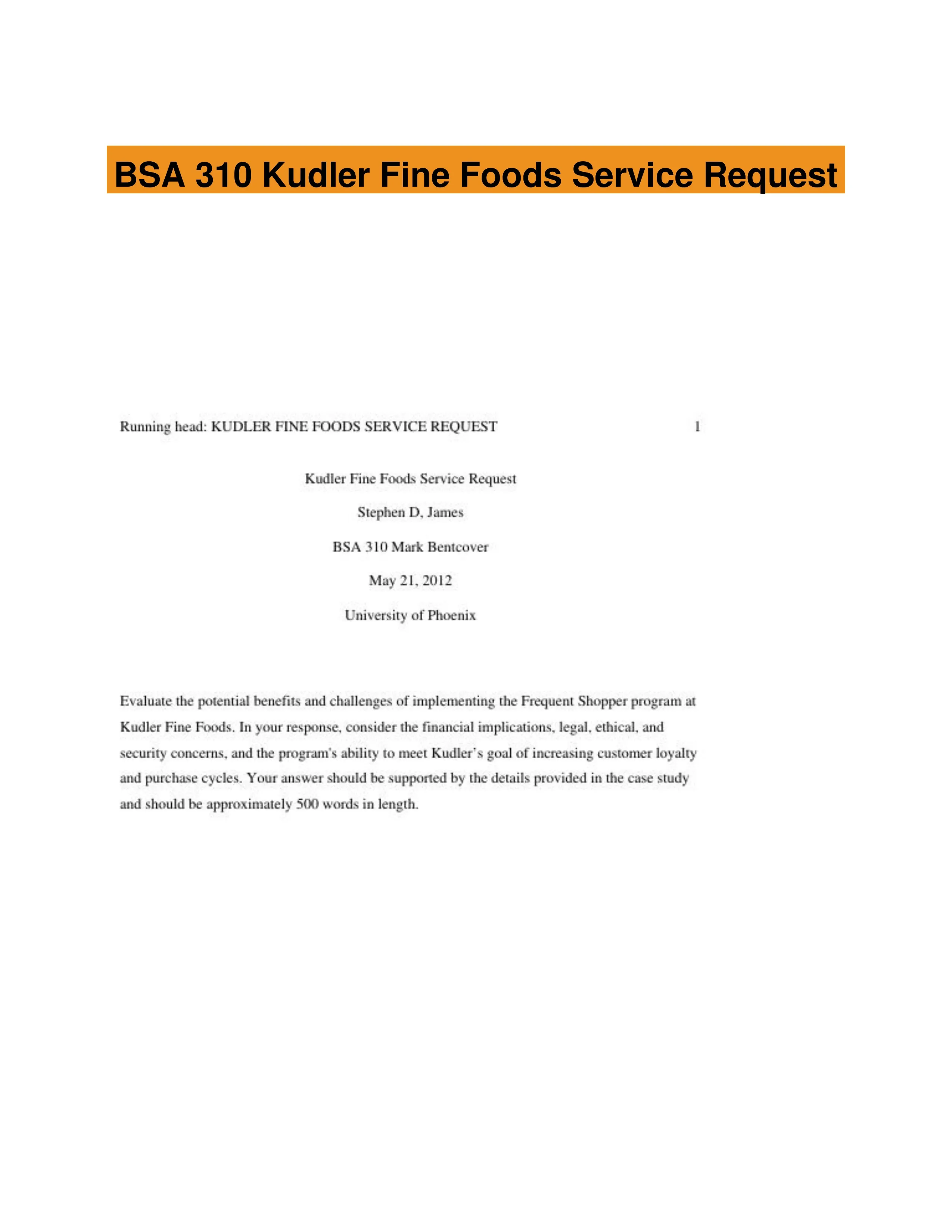 BSA 310 Kudler Fine Foods Service Request
