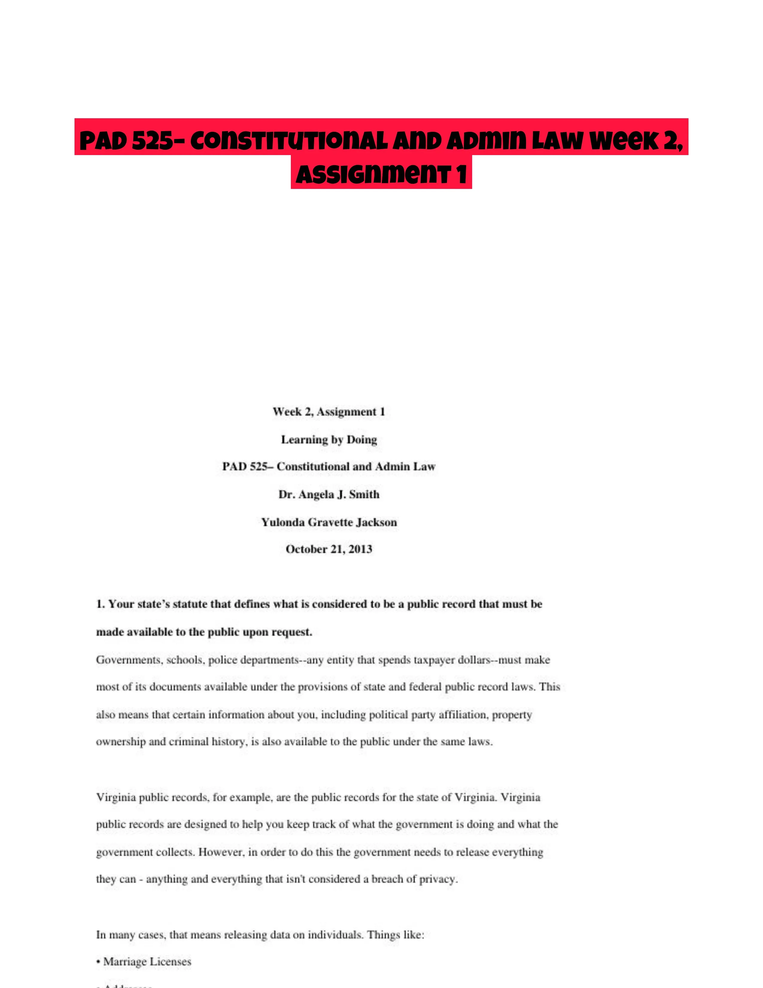 PAD 525� Constitutional and Admin Law Week 2, Assignment 1