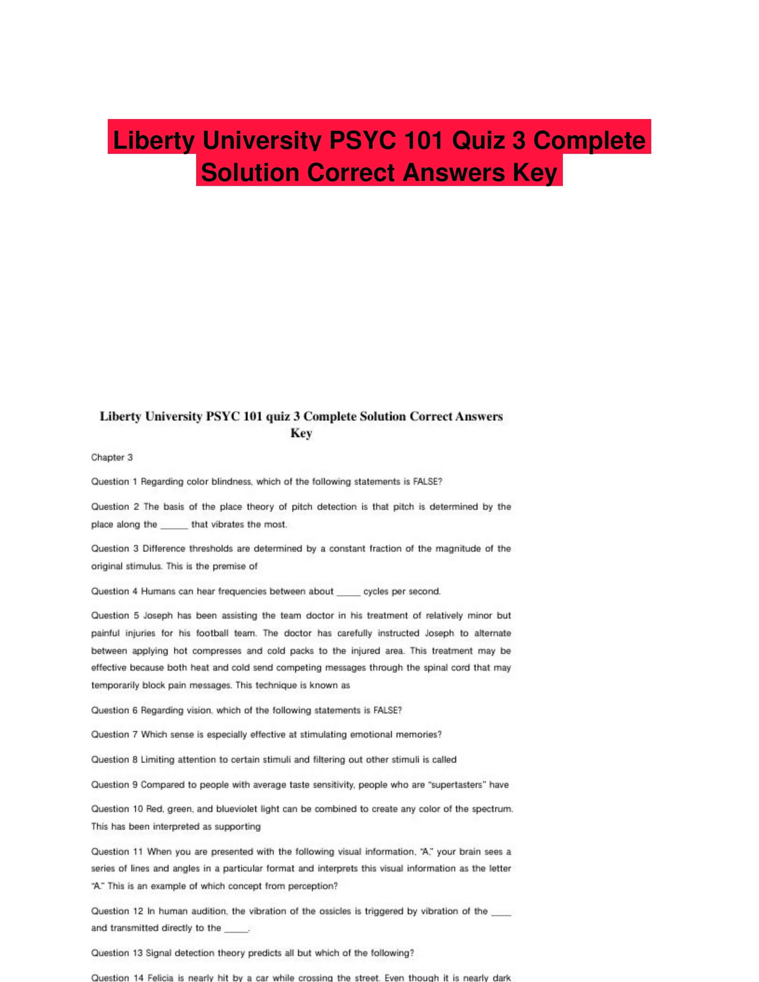 Liberty University PSYC 101 Quiz 3 Complete Solution Correct Answers Key