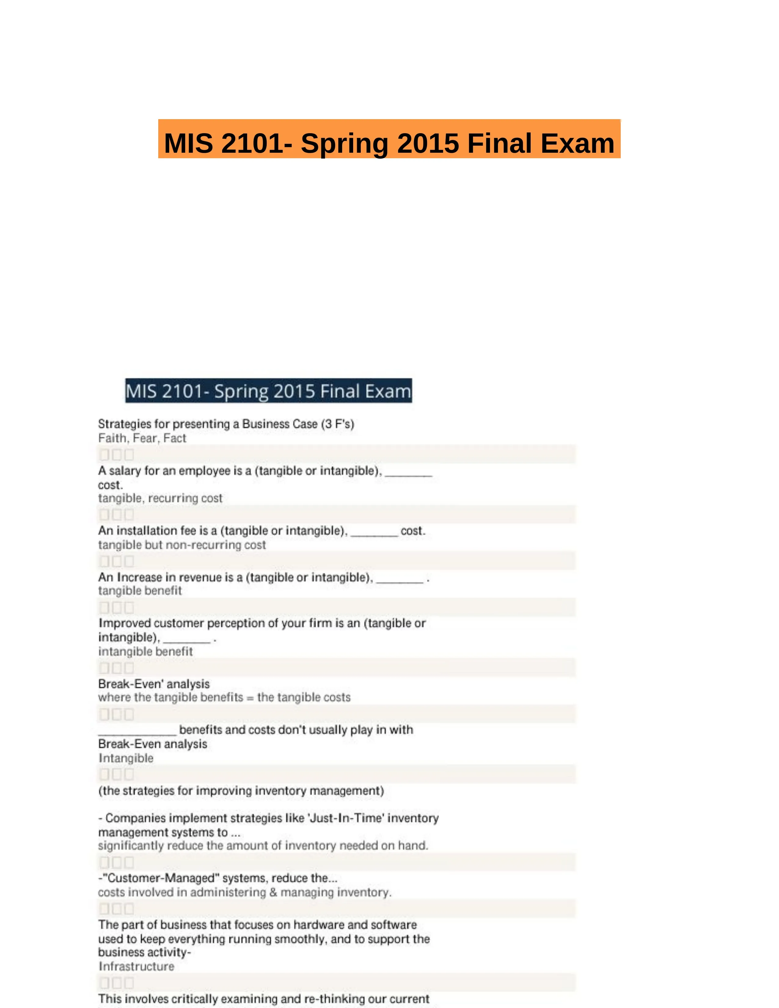 MIS 2101- Spring 2015 Final Exam