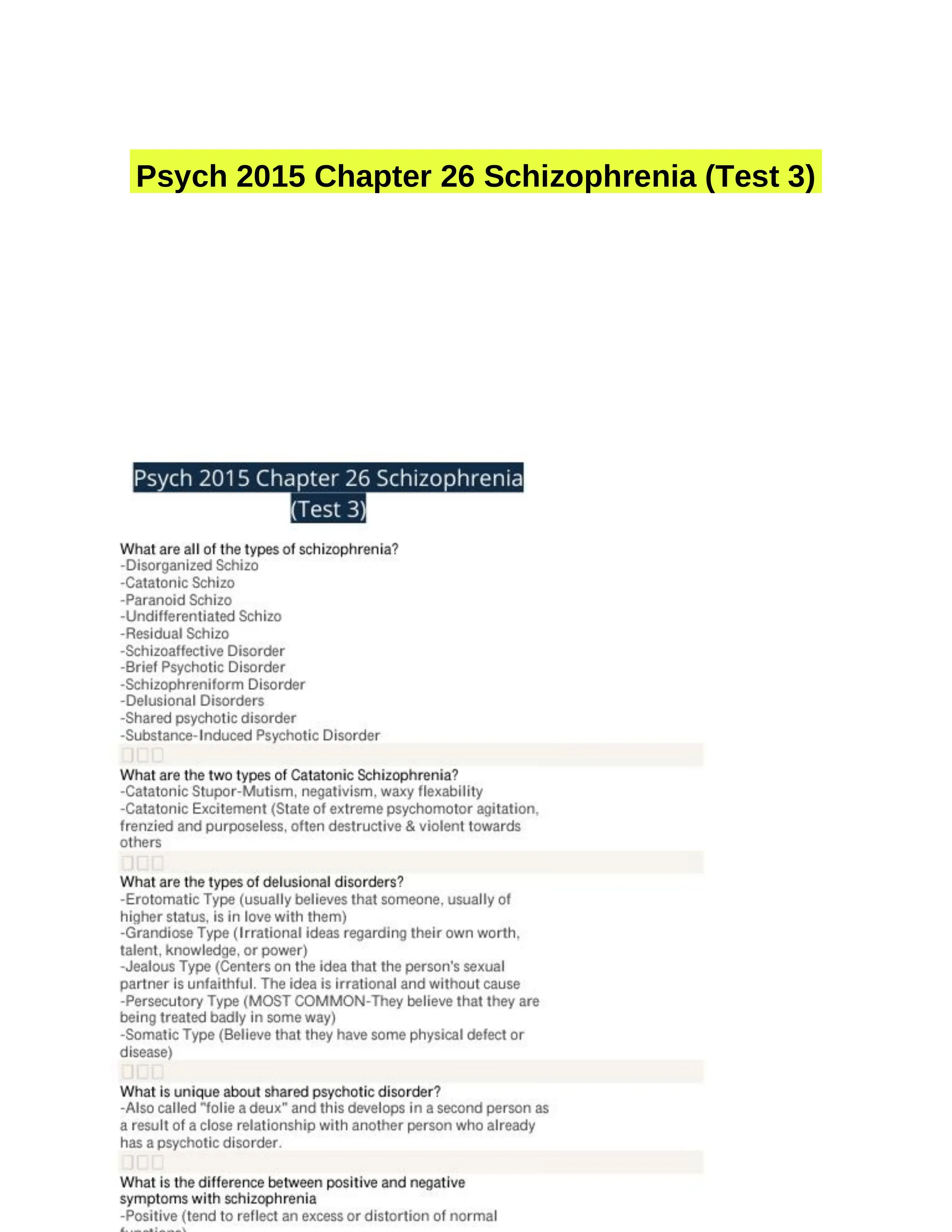 Psych 2015 Chapter 26 Schizophrenia (Test 3)