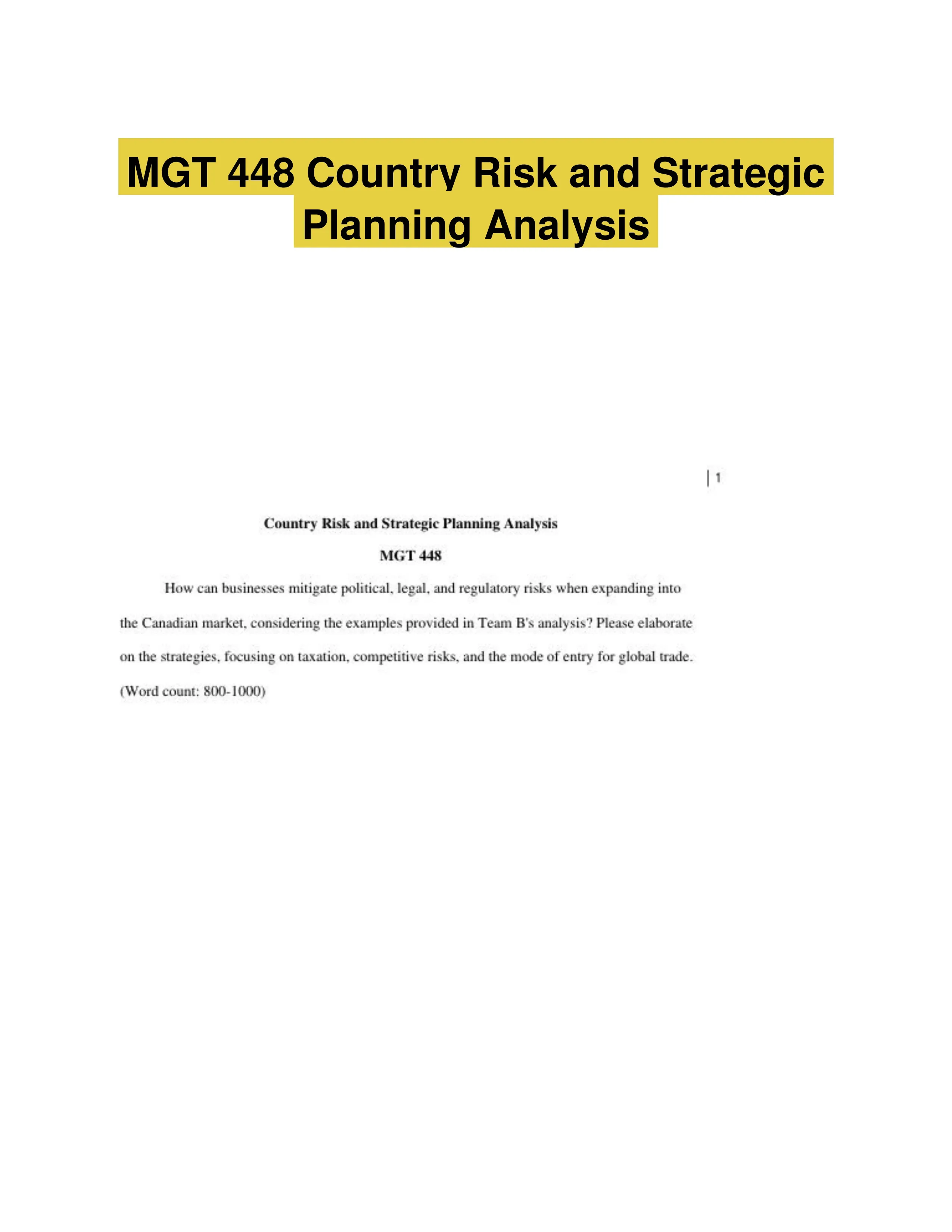 MGT 448 Country Risk and Strategic Planning Analysis