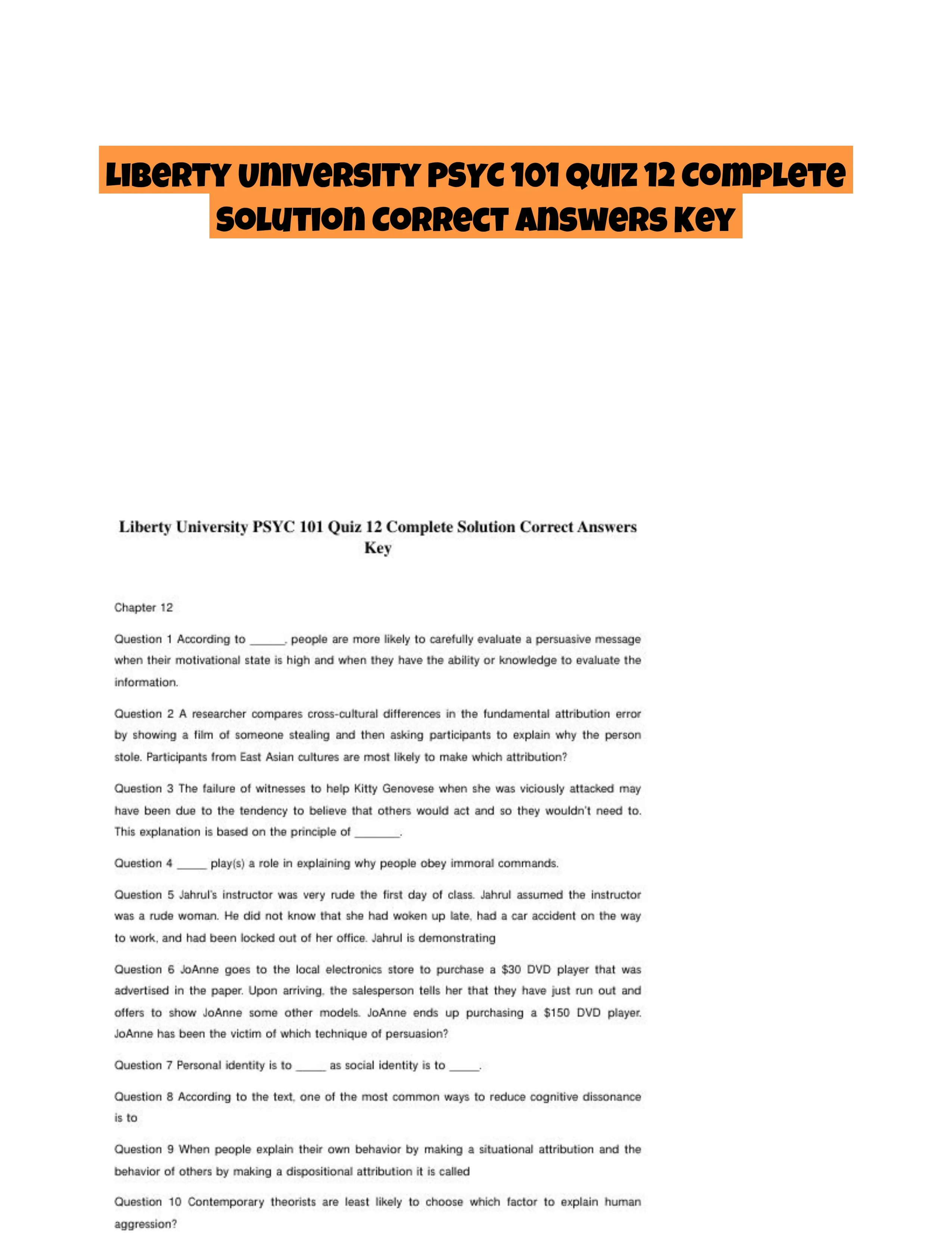 Liberty University PSYC 101 Quiz 12 Complete Solution Correct Answers Key