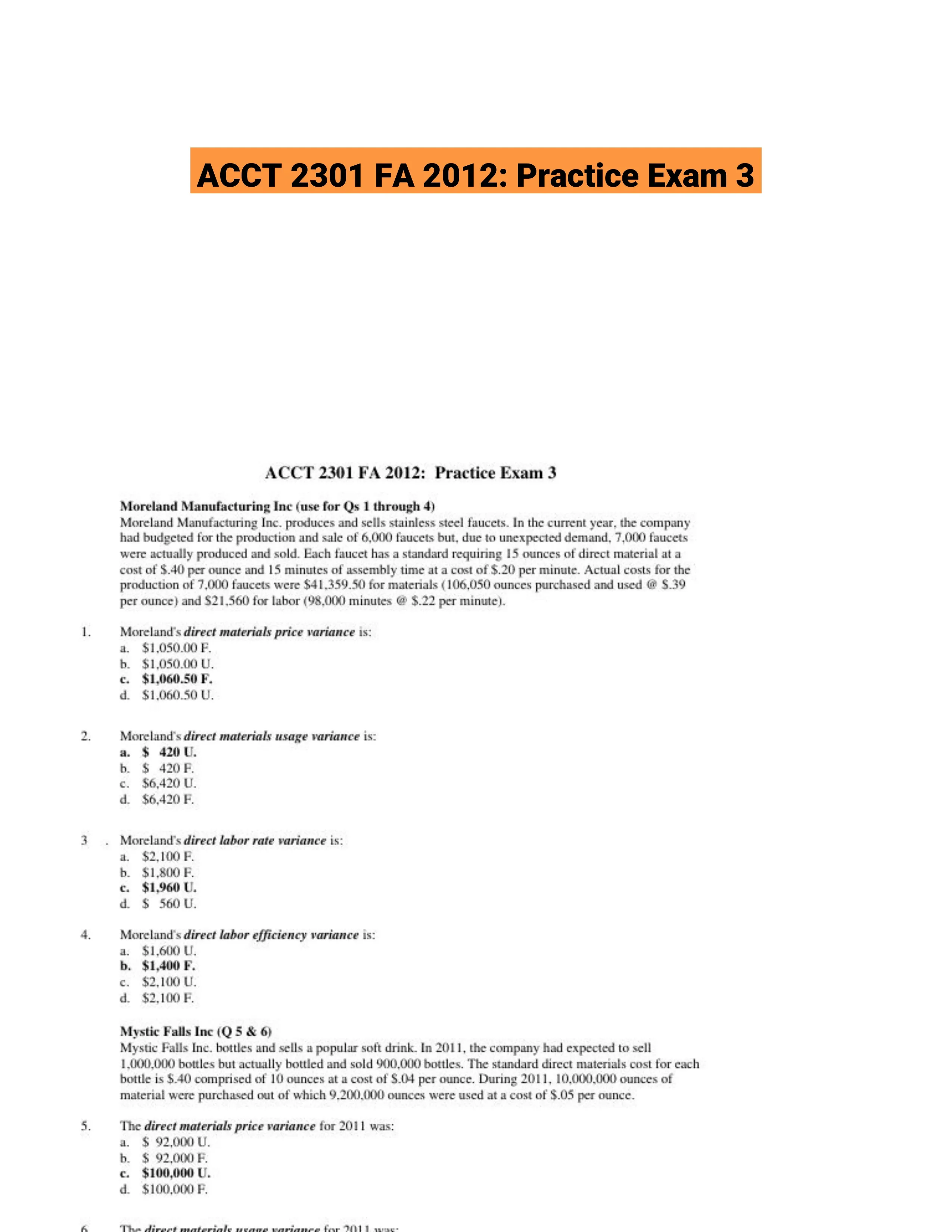 ACCT 2301 FA 2012: Practice Exam 3