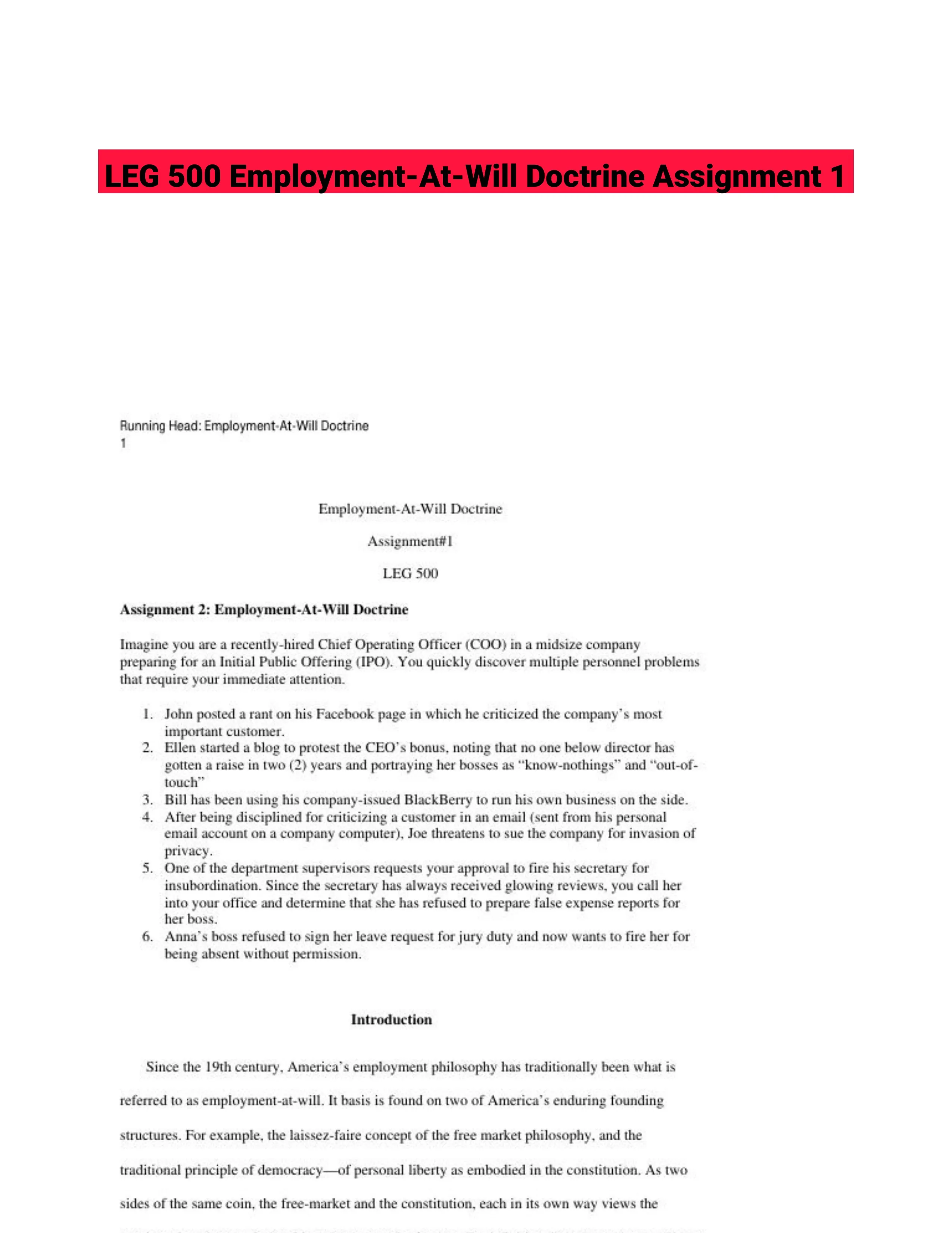 LEG 500 Employment-At-Will Doctrine Assignment 1
