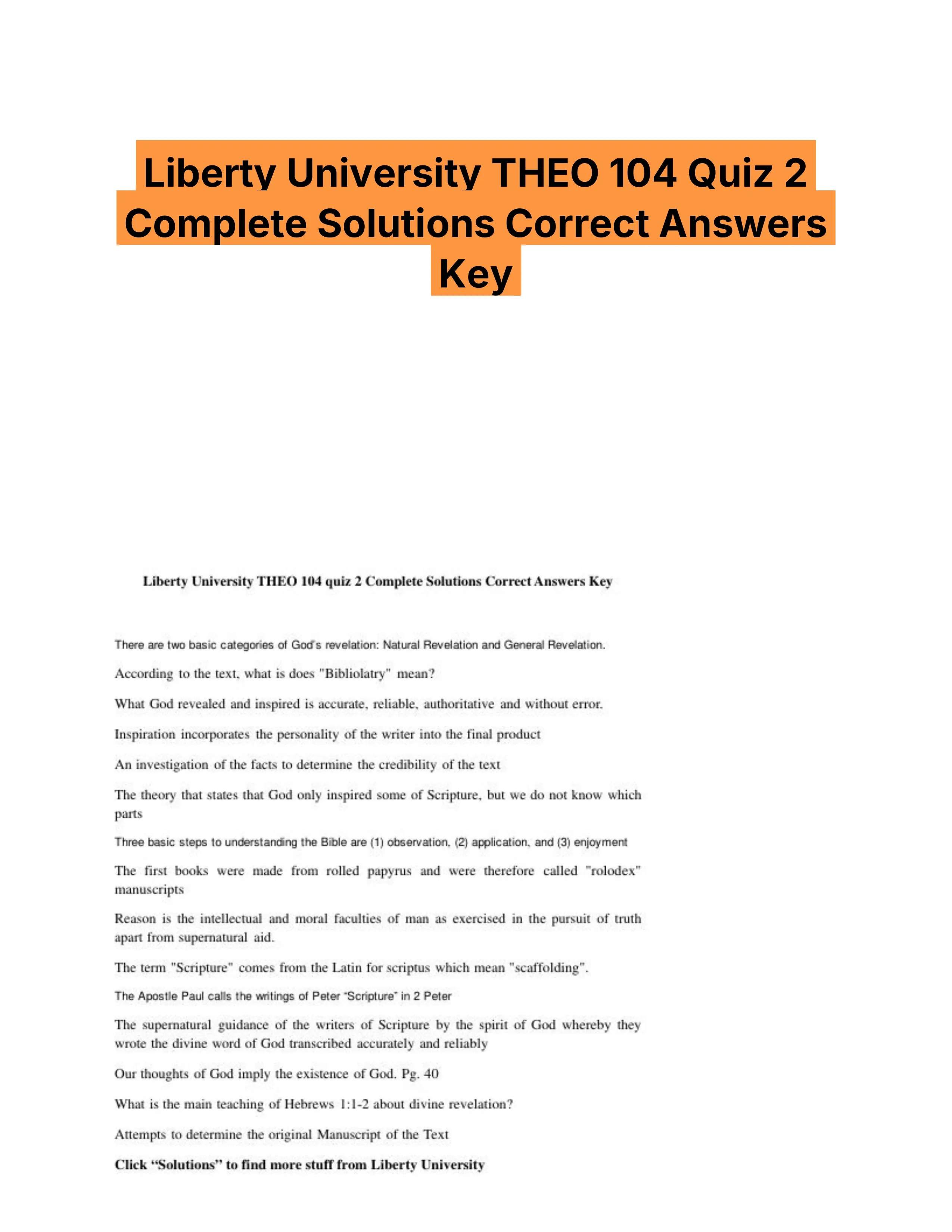 Liberty University THEO 104 Quiz 2 Complete Solutions Correct Answers Key