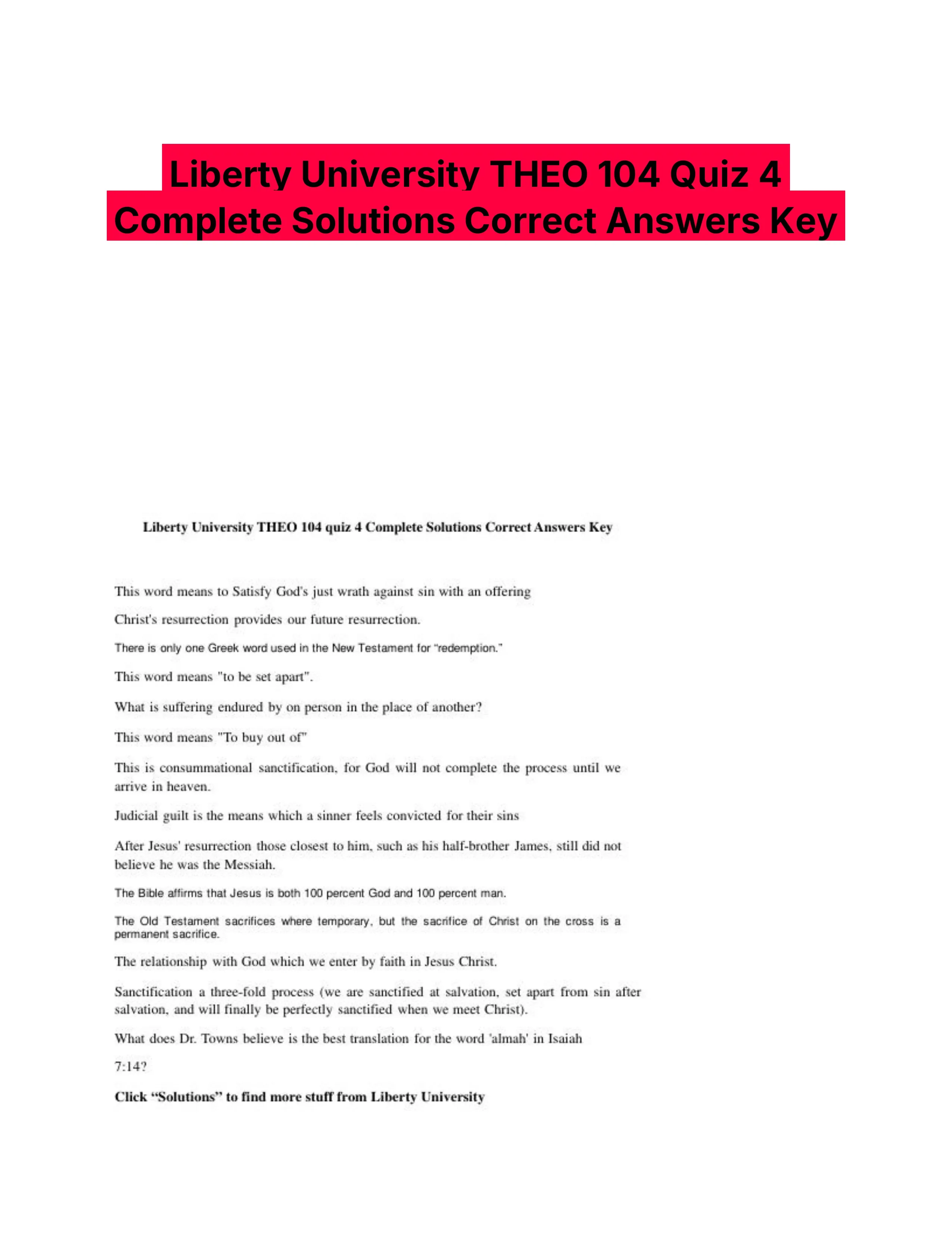 Liberty University THEO 104 Quiz 4 Complete Solutions Correct Answers Key