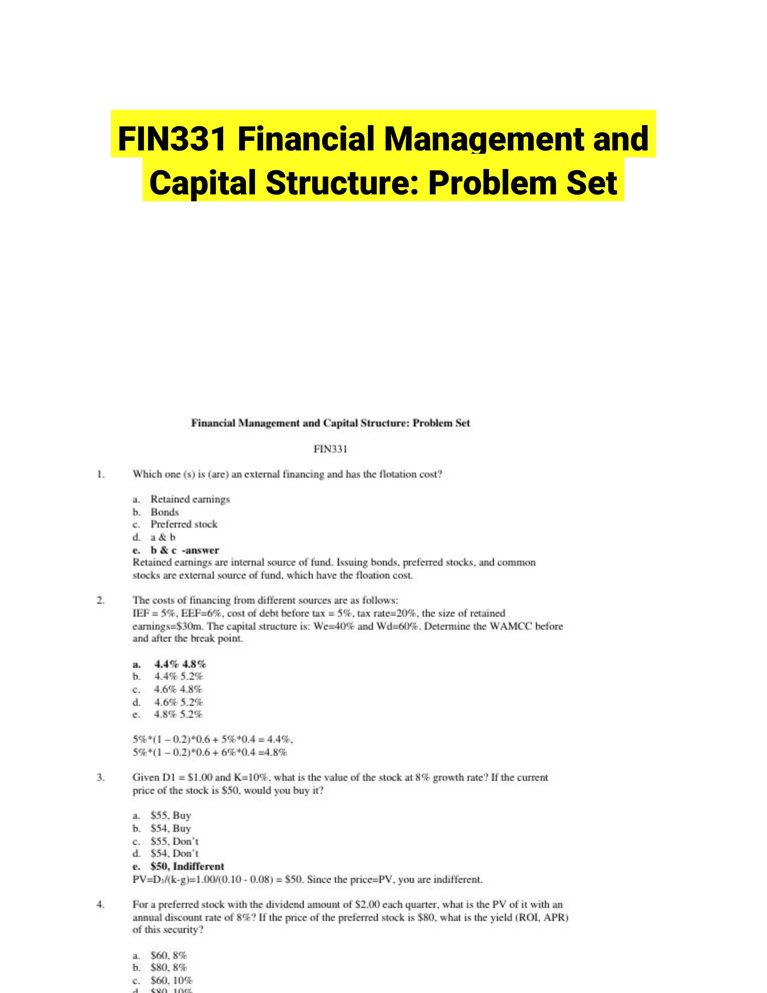 FIN331 Financial Management and Capital Structure: Problem Set