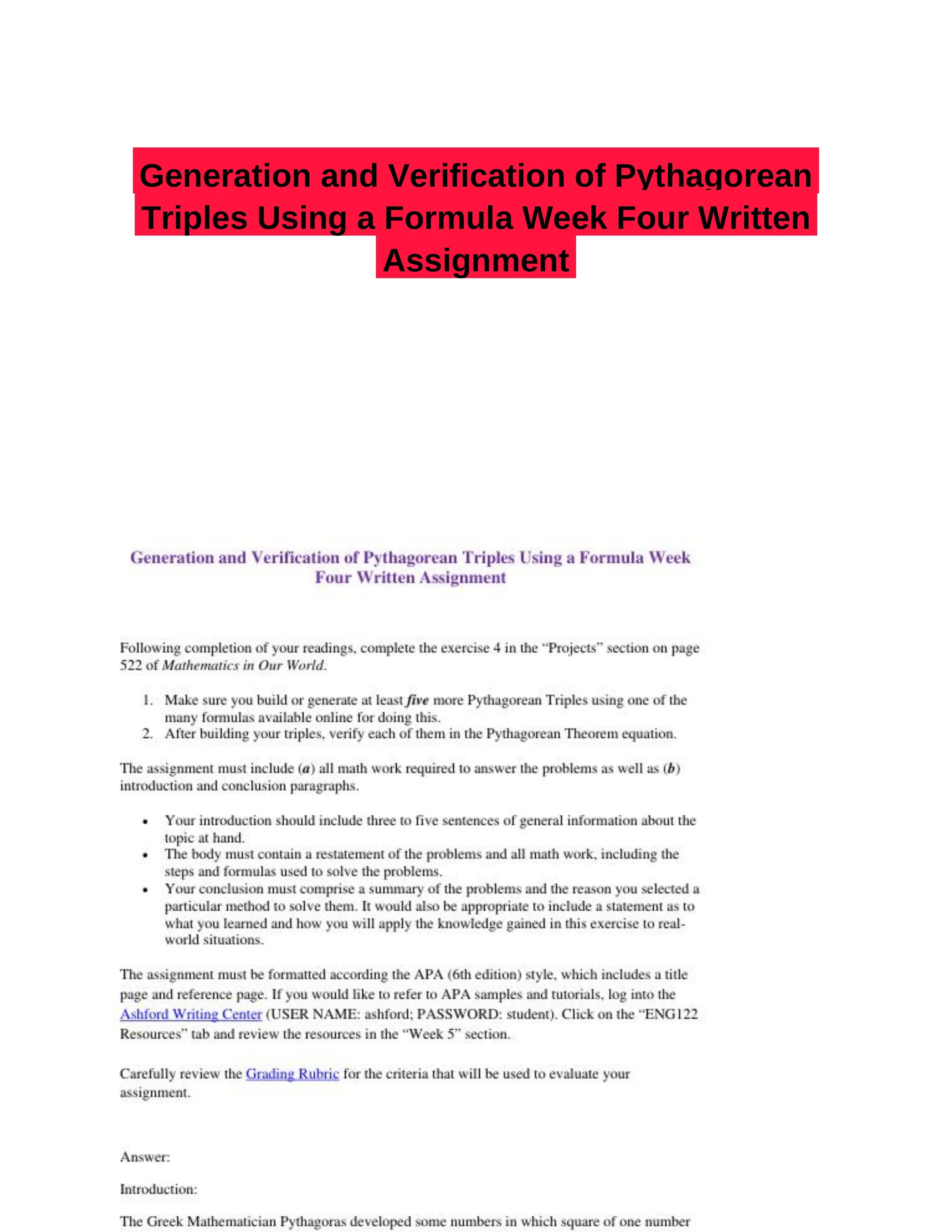 Generation and Verification of Pythagorean Triples Using a Formula Week Four Written Assignment