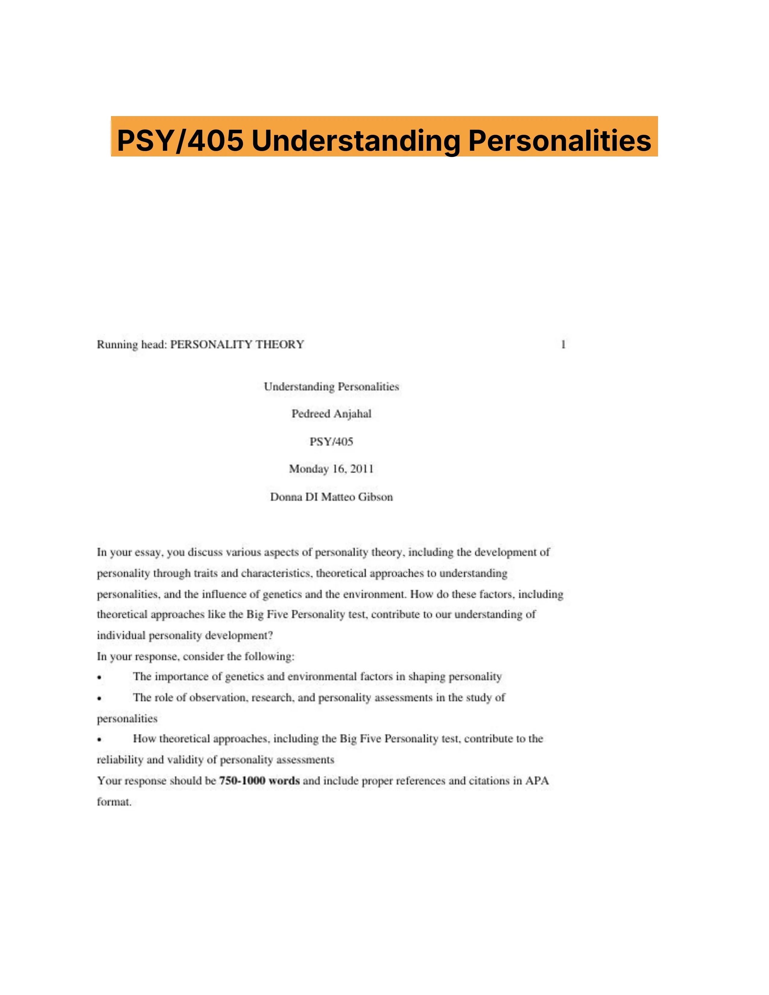 PSY/405 Understanding Personalities