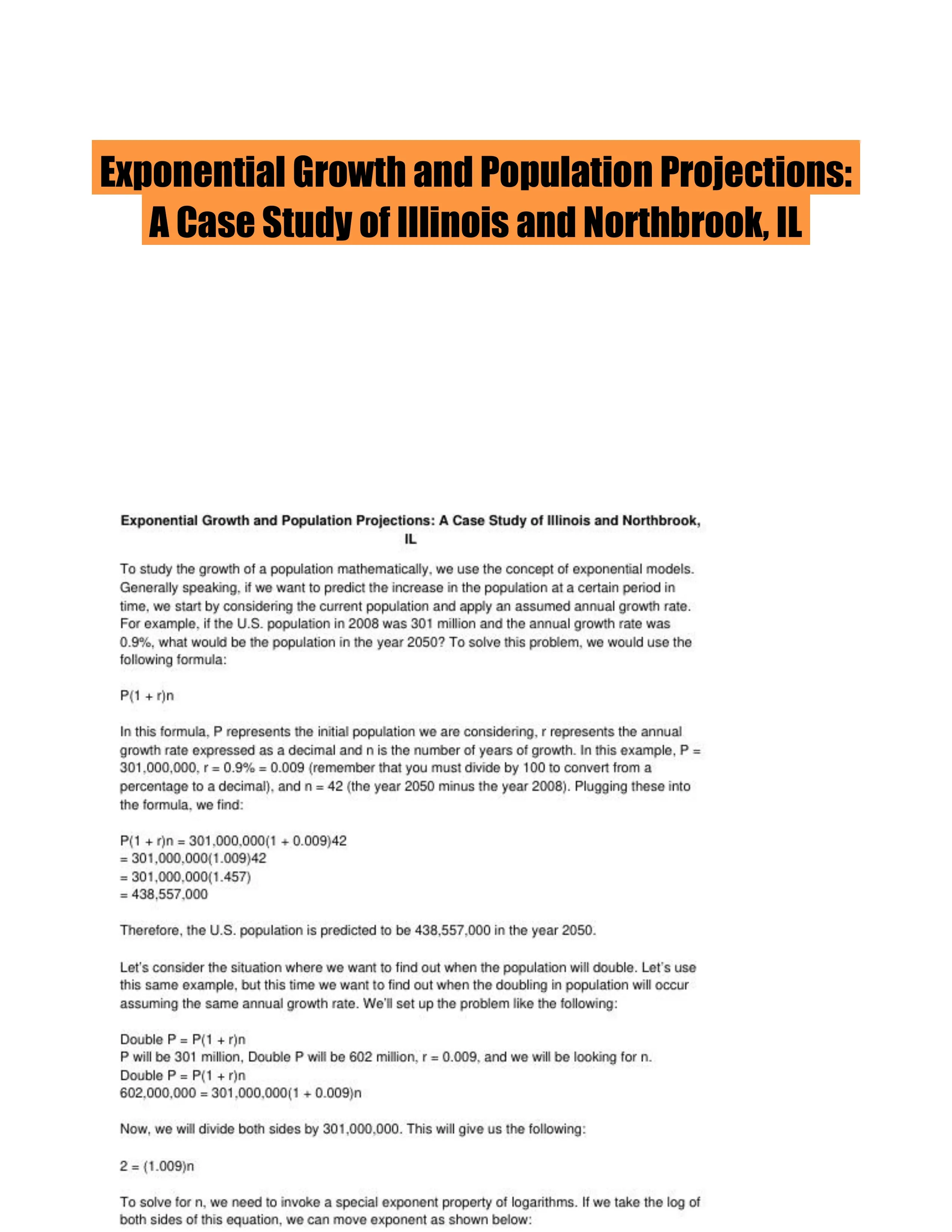 Exponential Growth and Population Projections: A Case Study of Illinois and Northbrook, IL