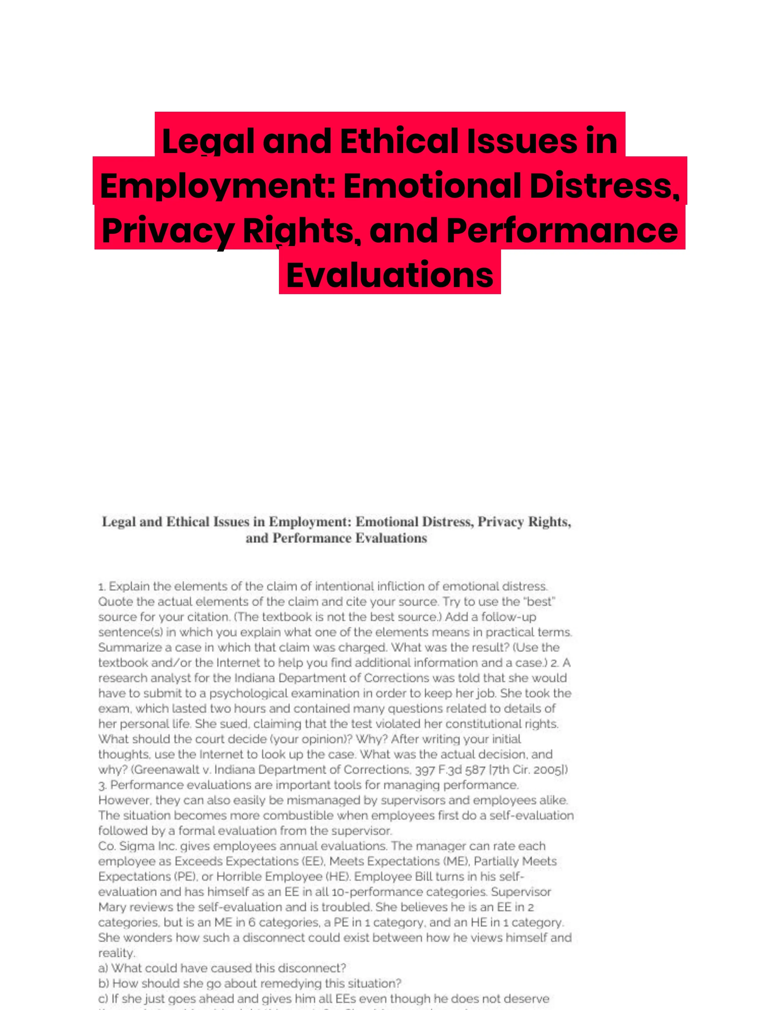 Legal and Ethical Issues in Employment: Emotional Distress, Privacy Rights, and Performance Evaluations