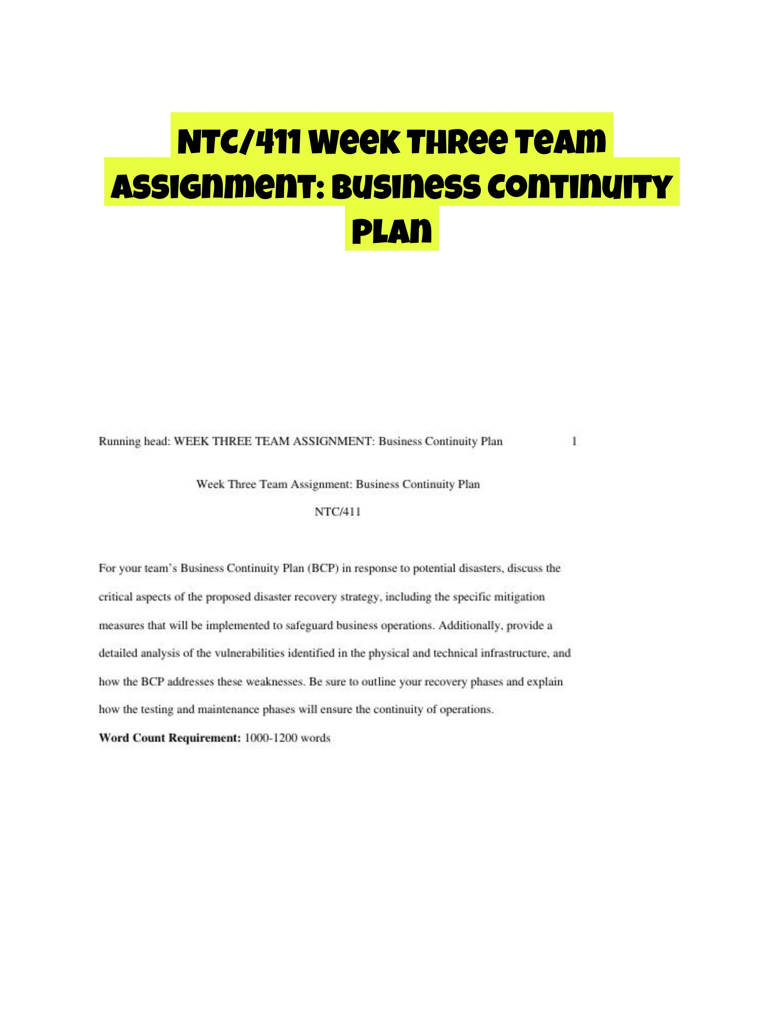 NTC/411 Week Three Team Assignment: Business Continuity Plan