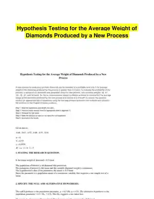 Hypothesis Testing for the Average Weight of Diamonds Produced by a New Process