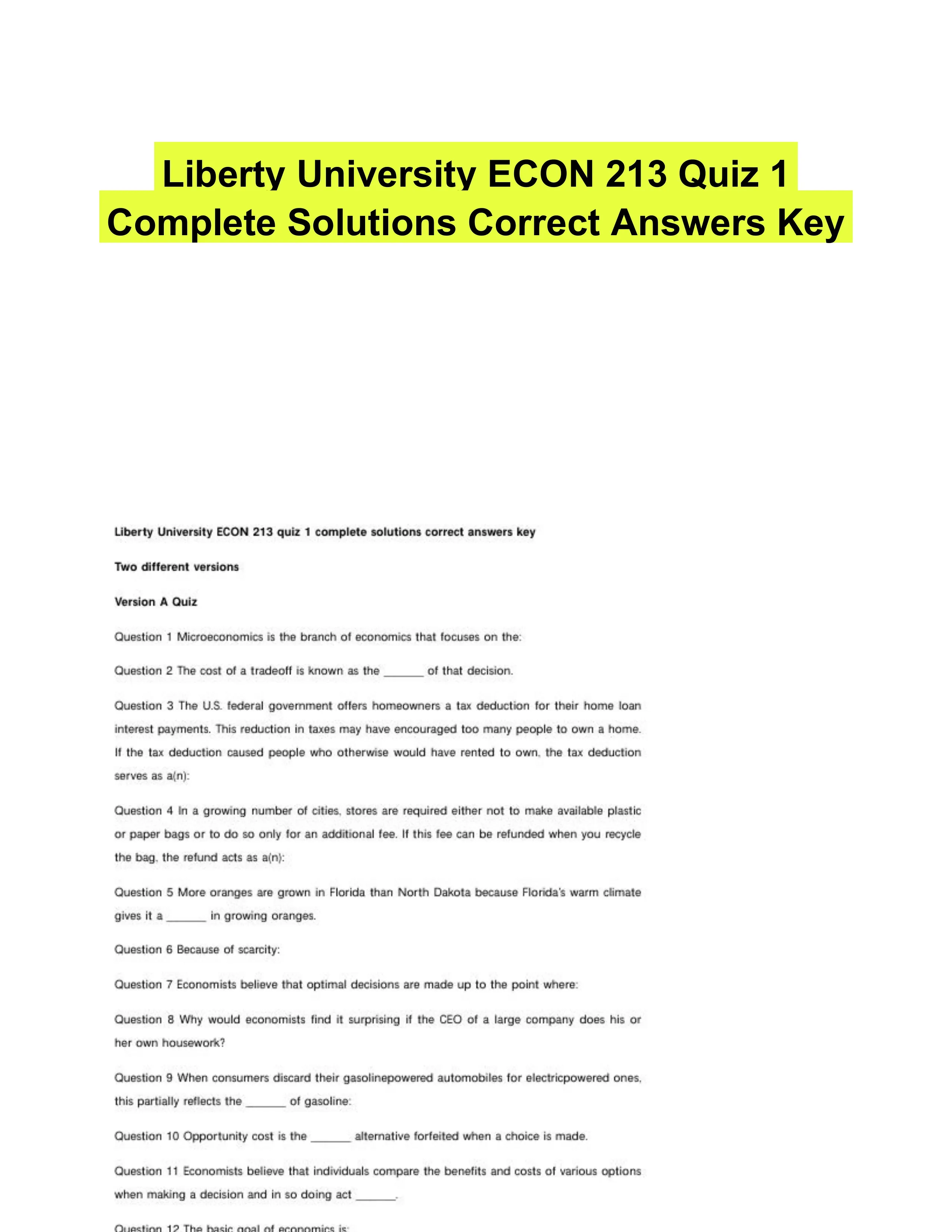 Liberty University ECON 213 Quiz 1 Complete Solutions Correct Answers Key