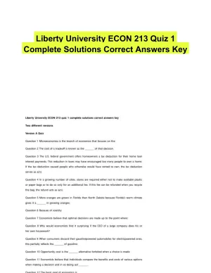 Liberty University ECON 213 Quiz 1 Complete Solutions Correct Answers Key