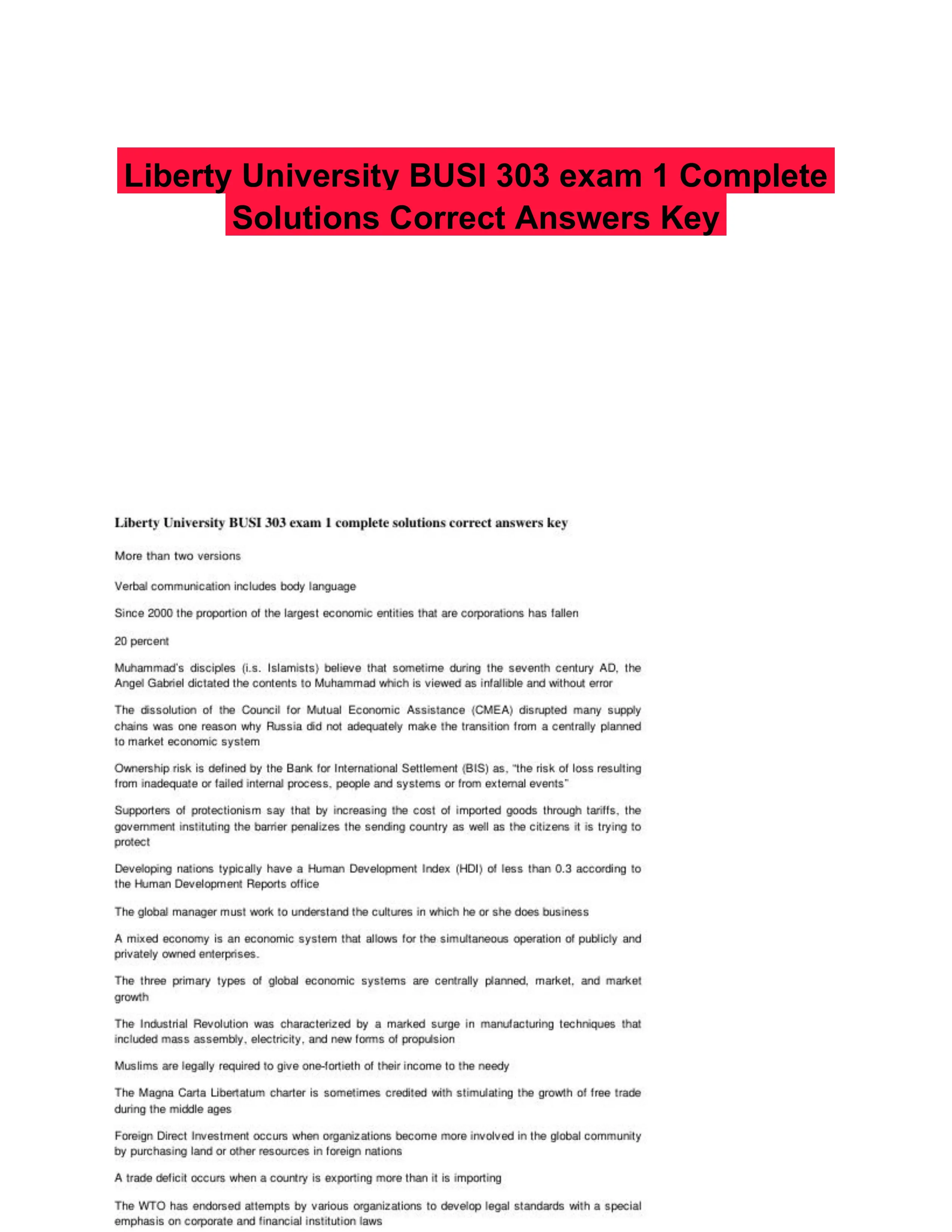 Liberty University BUSI 303 exam 1 Complete Solutions Correct Answers Key