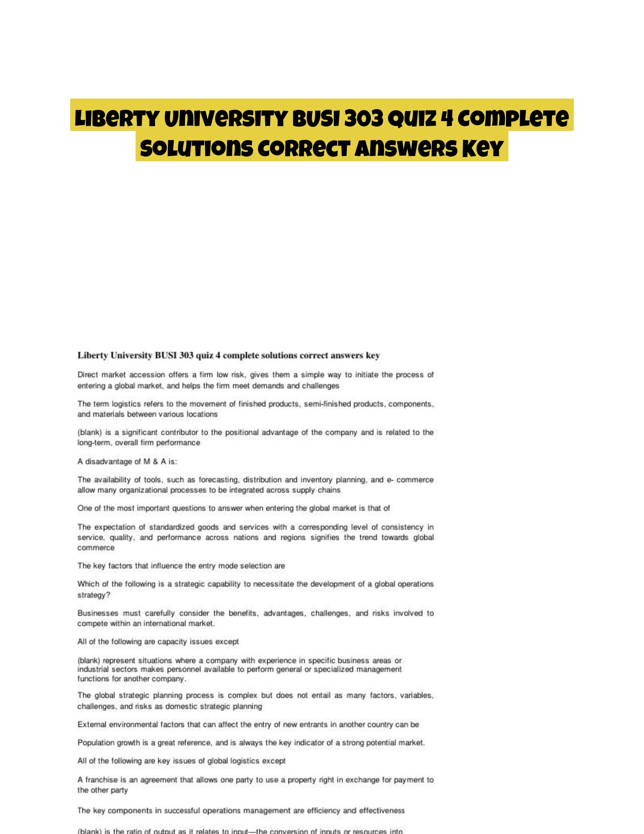 Liberty University BUSI 303 Quiz 4 Complete Solutions Correct Answers Key