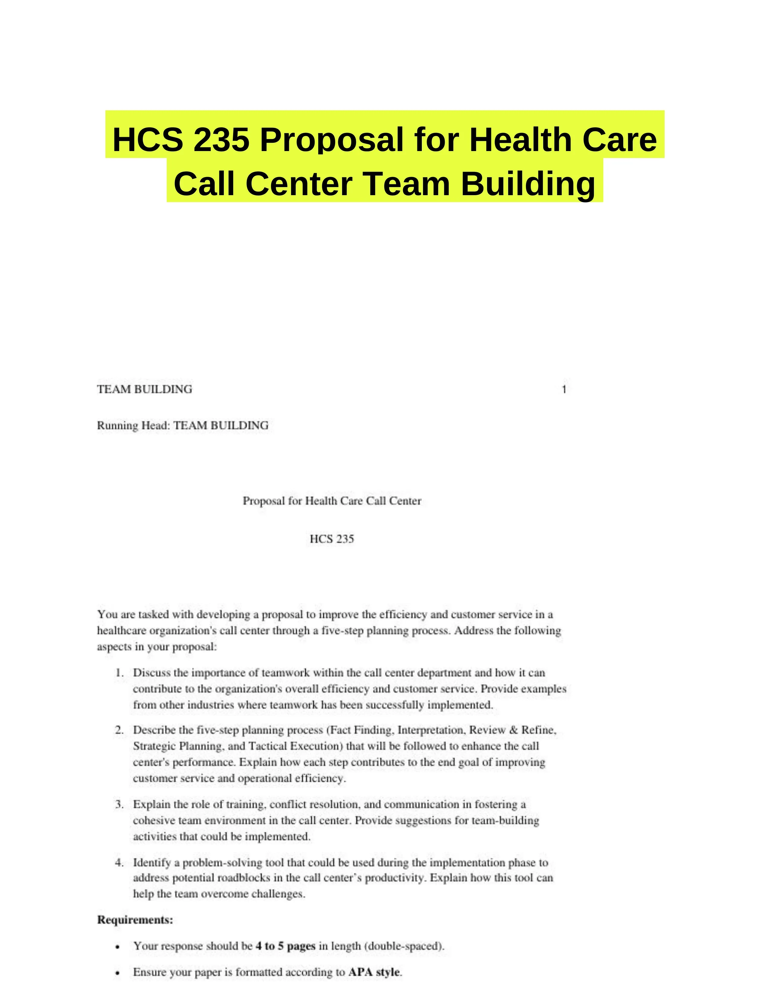 HCS 235 Proposal for Health Care Call Center Team Building