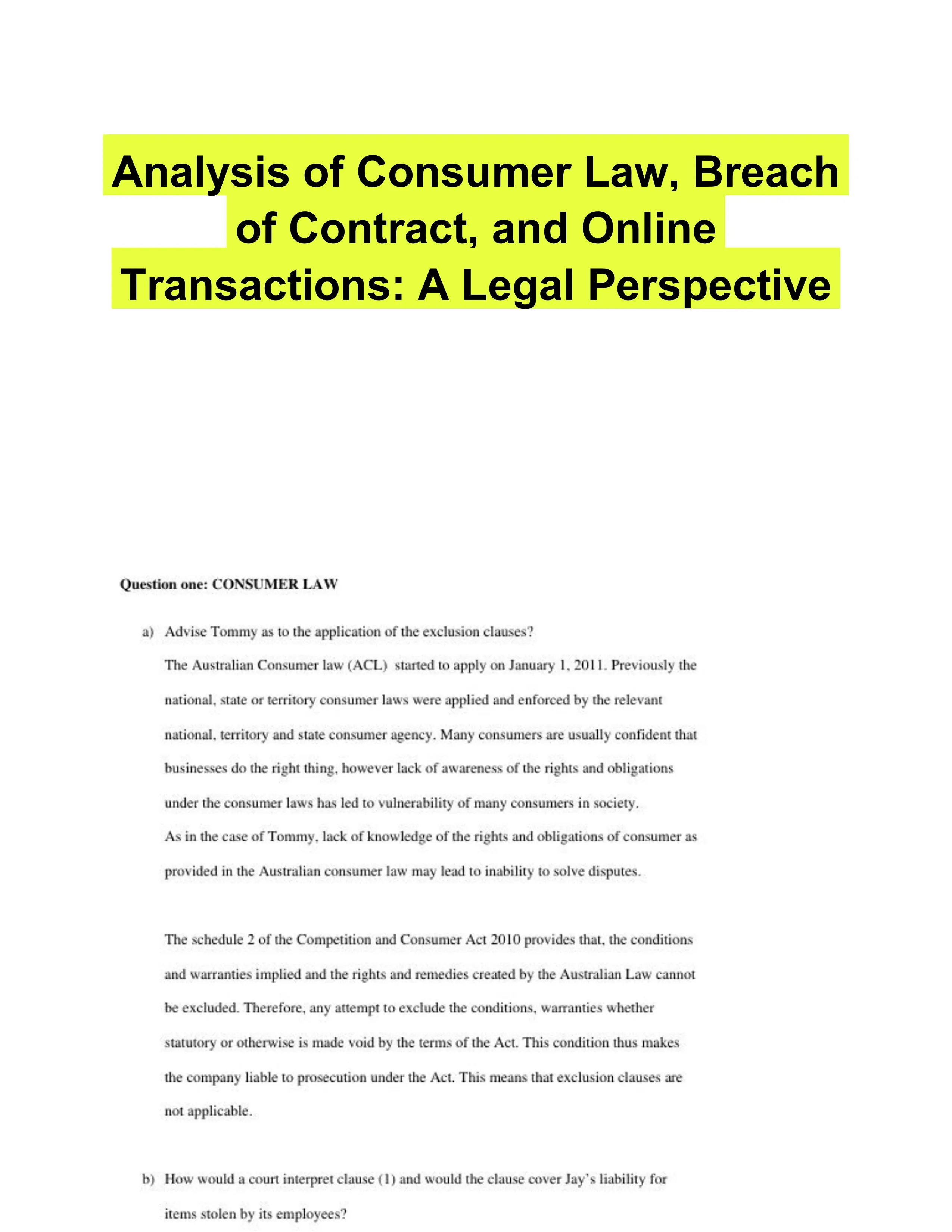 Analysis of Consumer Law, Breach of Contract, and Online Transactions: A Legal Perspective