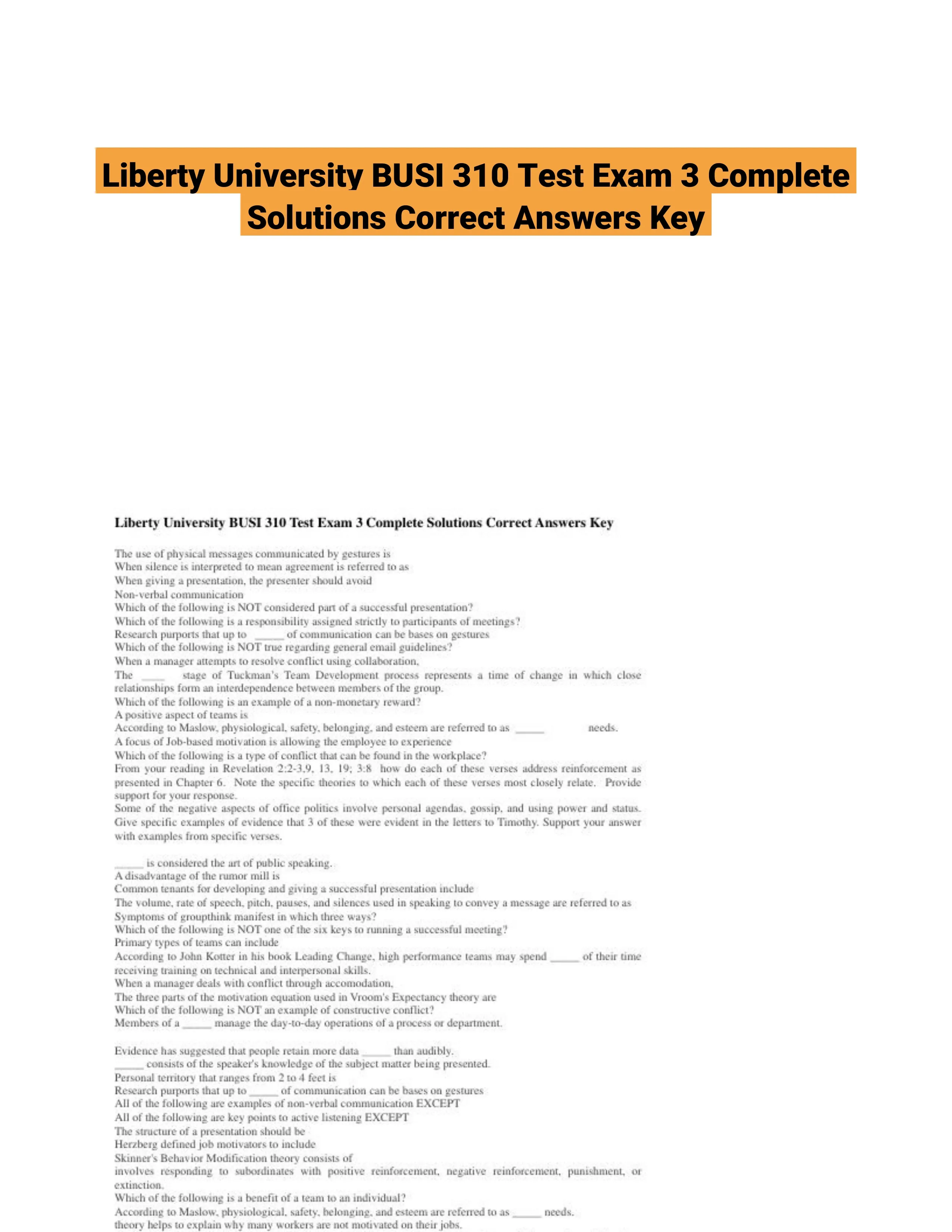 Liberty University BUSI 310 Test Exam 3 Complete Solutions Correct Answers Key