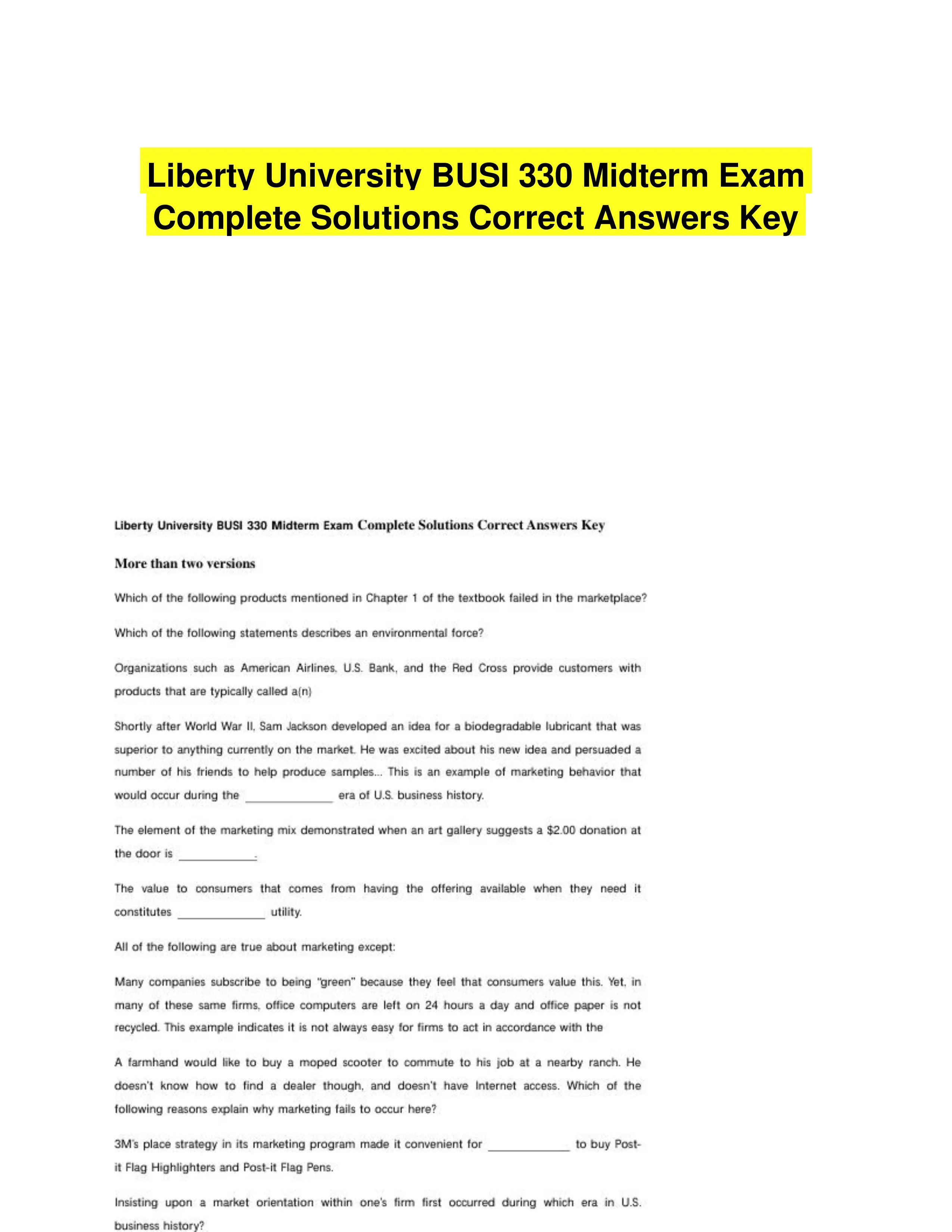 Liberty University BUSI 330 Midterm Exam Complete Solutions Correct Answers Key