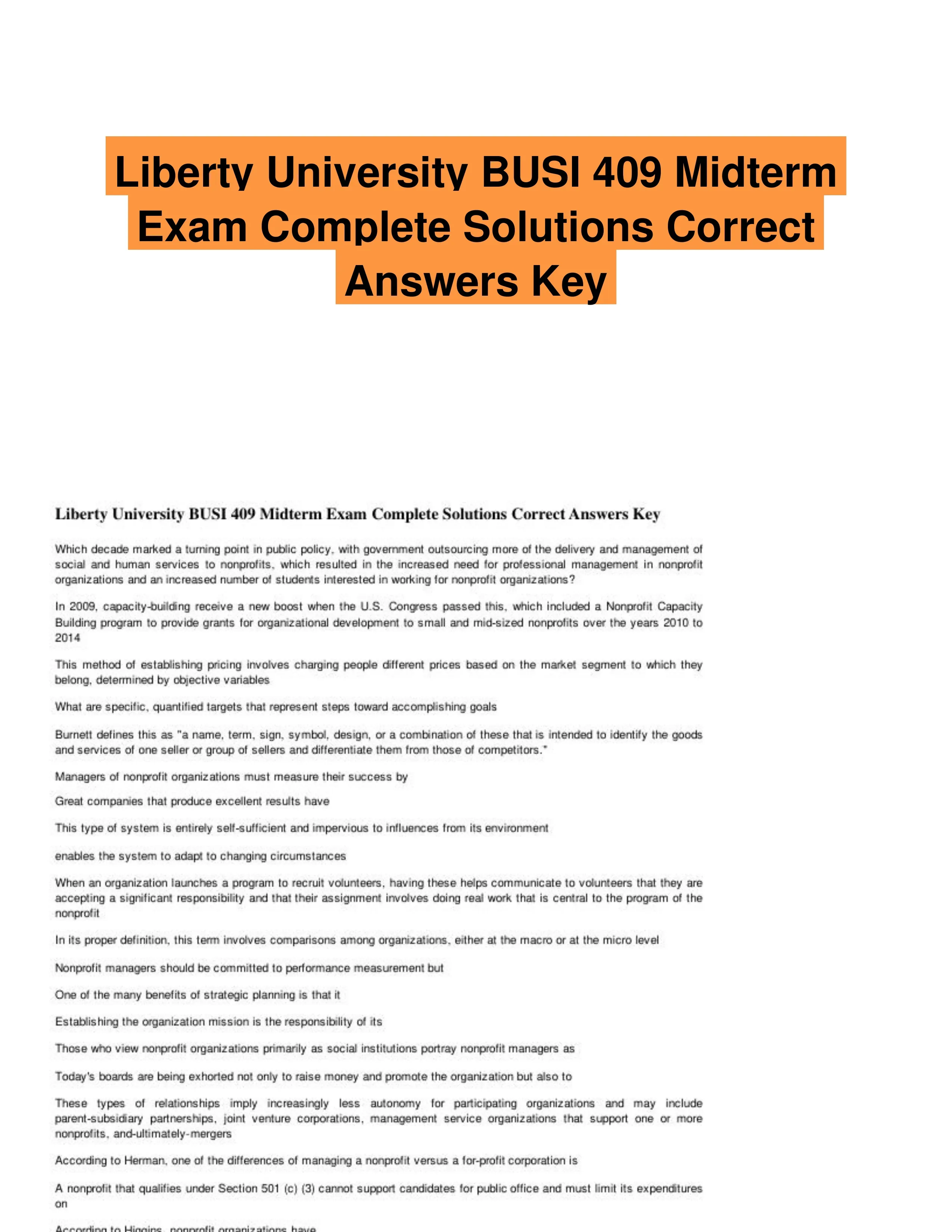 Liberty University BUSI 409 Midterm Exam Complete Solutions Correct Answers Key