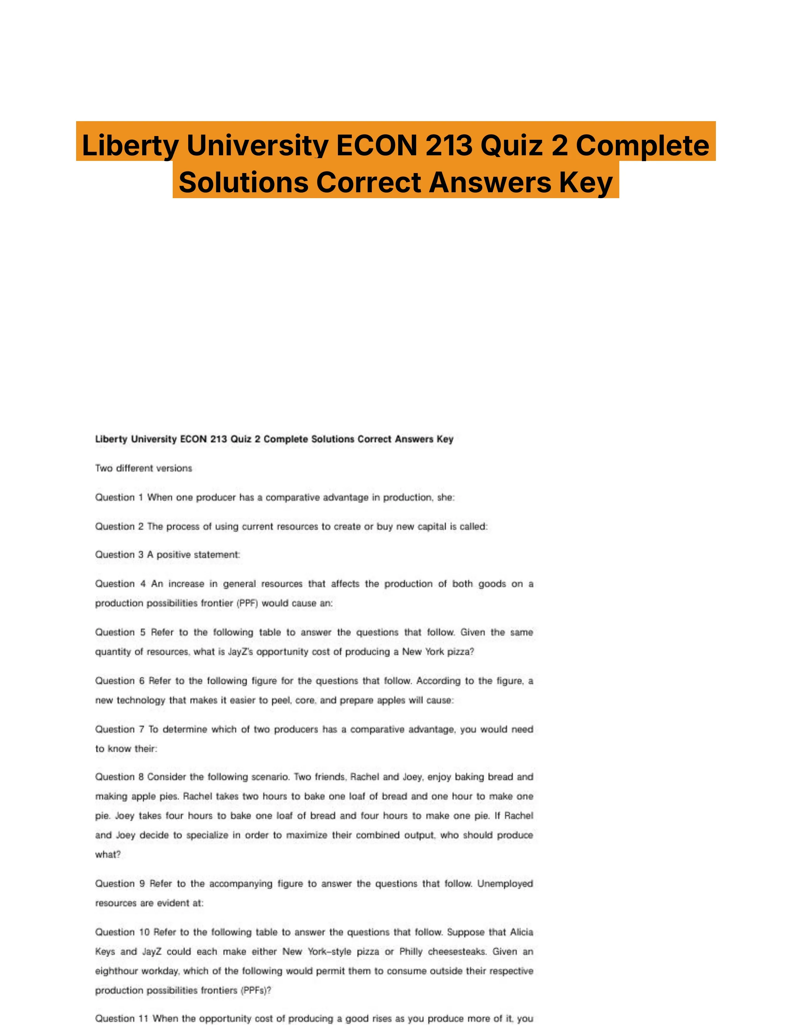 Liberty University ECON 213 Quiz 2 Complete Solutions Correct Answers Key