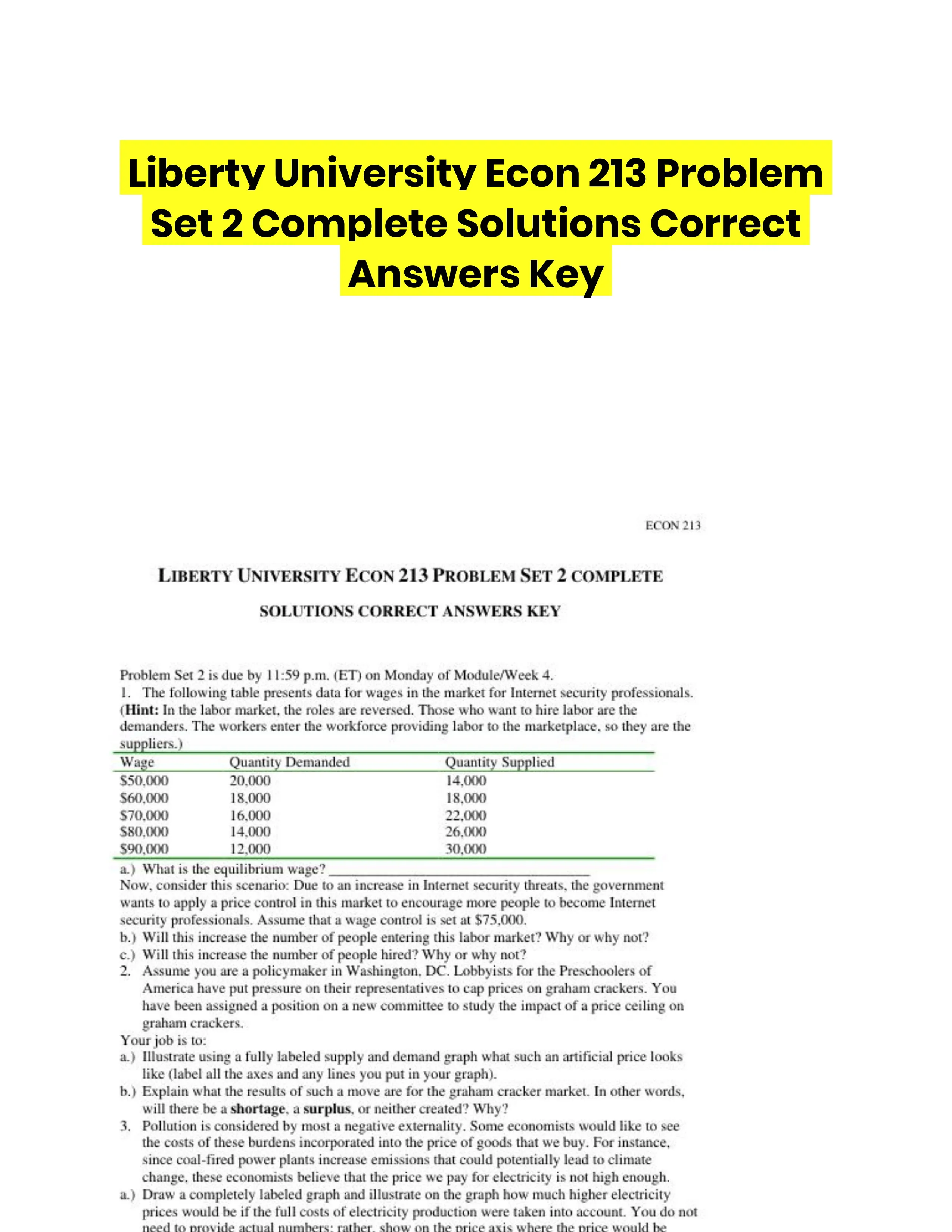 Liberty University Econ 213 Problem Set 2 Complete Solutions Correct Answers Key