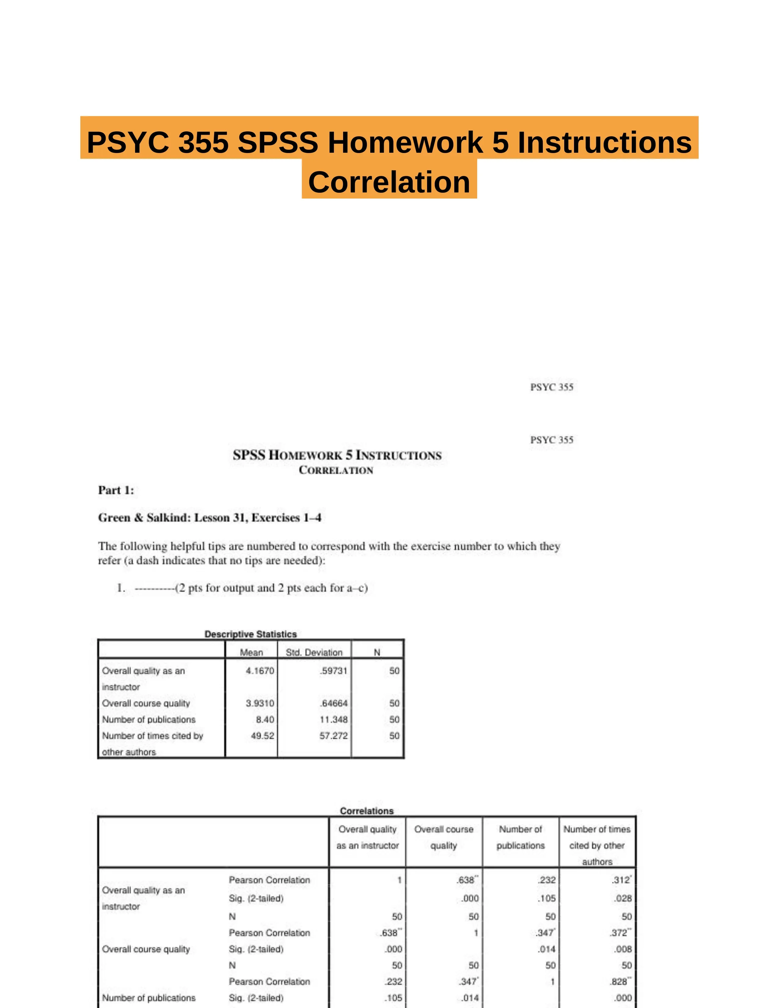 PSYC 355 SPSS Homework 5 Instructions Correlation