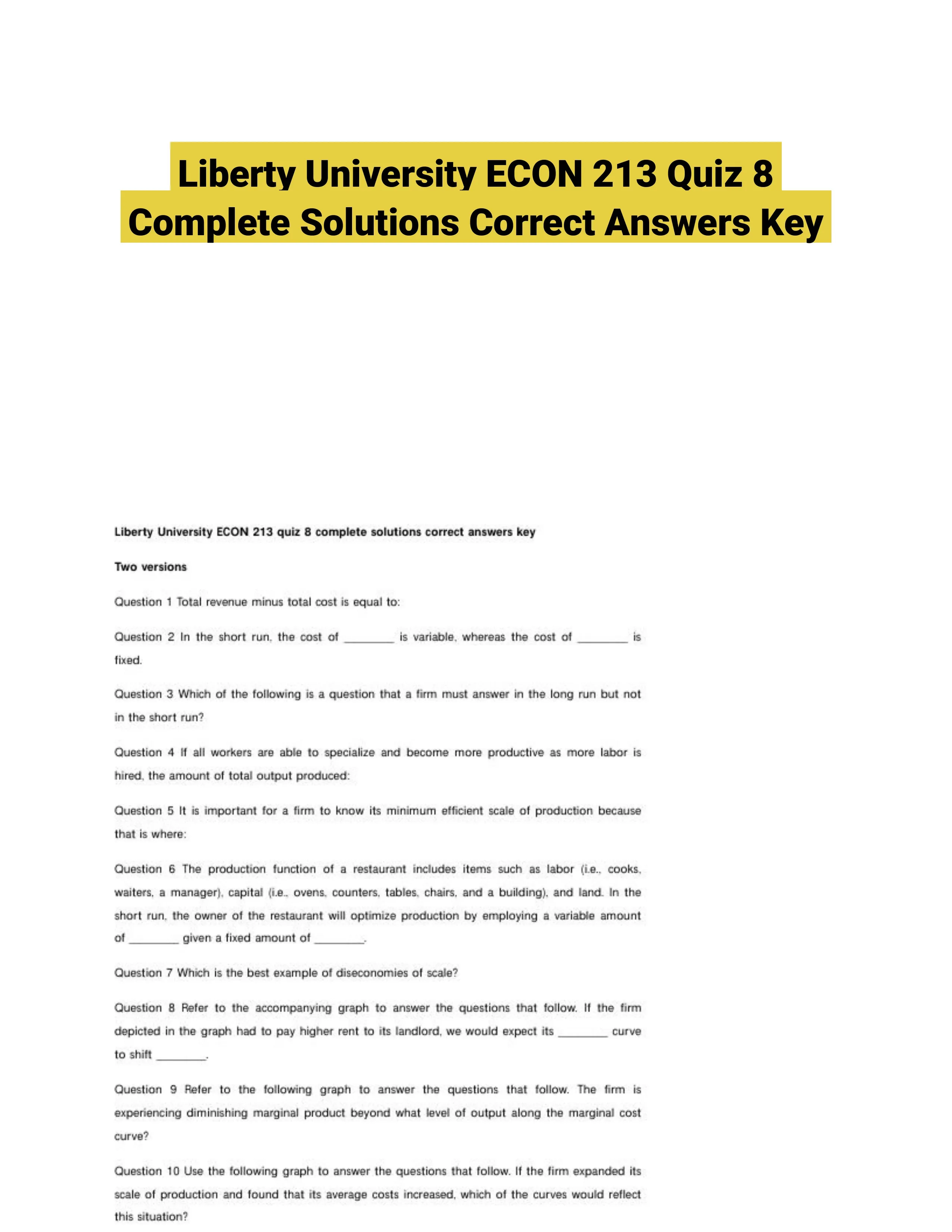 Liberty University ECON 213 Quiz 8 Complete Solutions Correct Answers Key