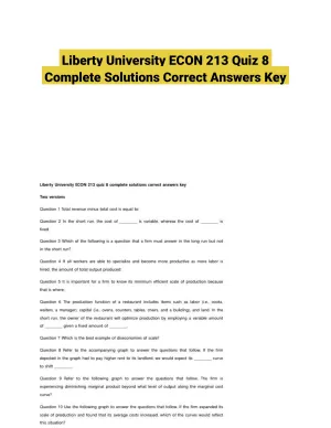 Liberty University ECON 213 Quiz 8 Complete Solutions Correct Answers Key