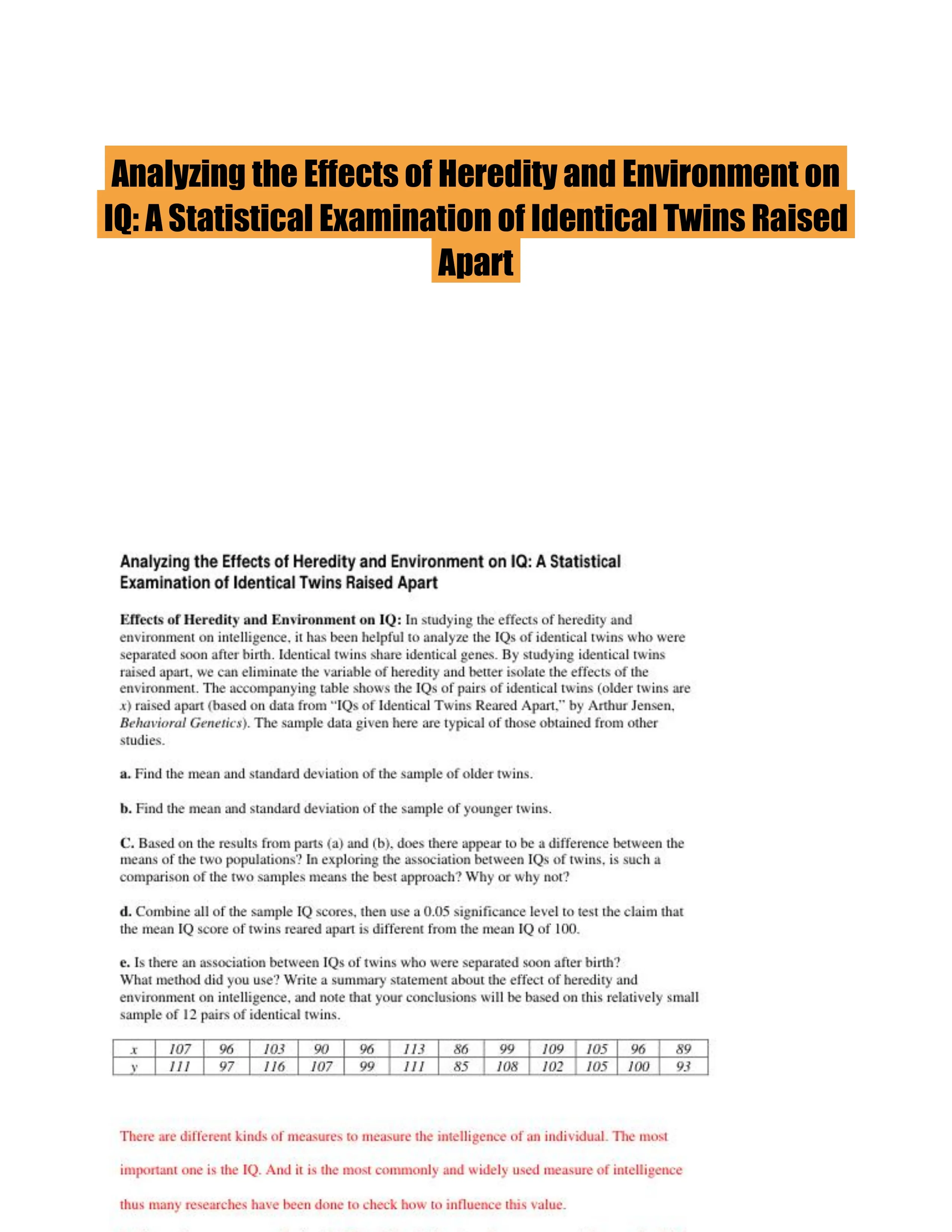 Analyzing the Effects of Heredity and Environment on IQ: A Statistical Examination of Identical Twins Raised Apart