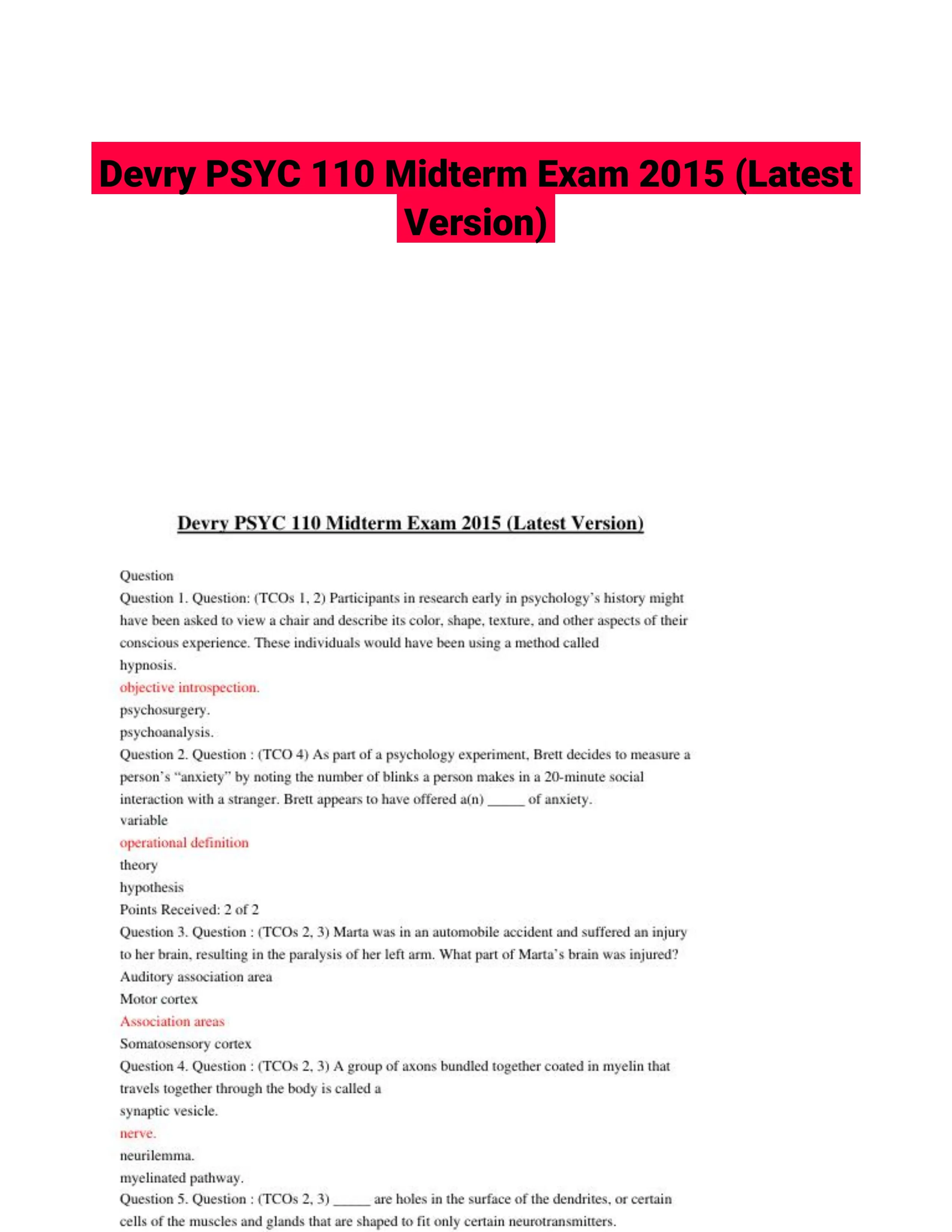 Devry PSYC 110 Midterm Exam 2015 (Latest Version)