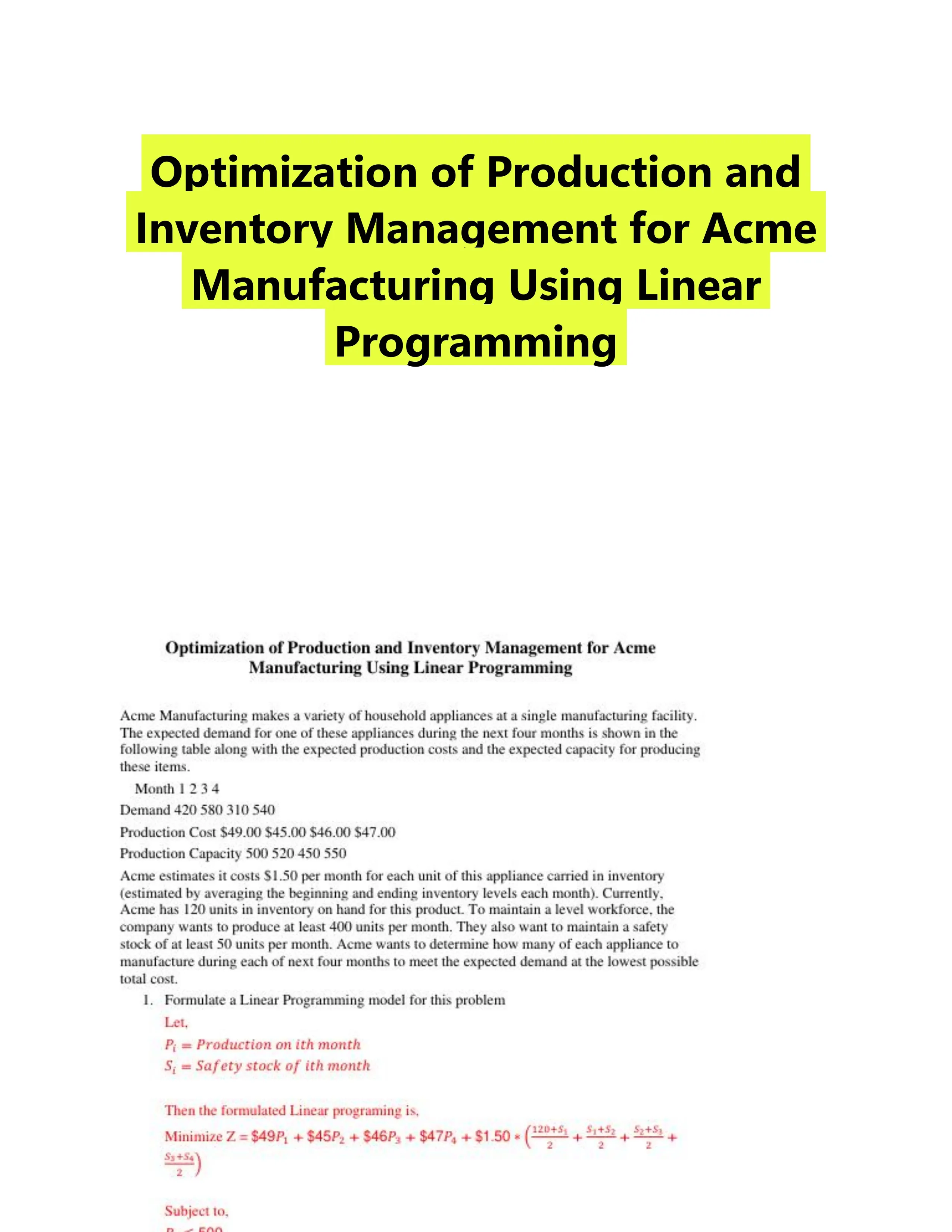 Optimization of Production and Inventory Management for Acme Manufacturing Using Linear Programming