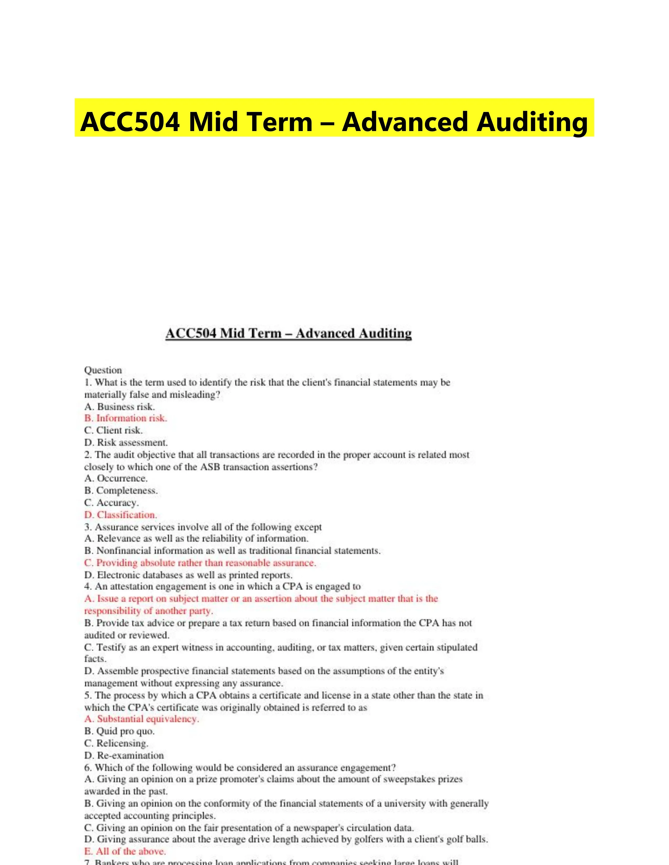 ACC504 Mid Term � Advanced Auditing