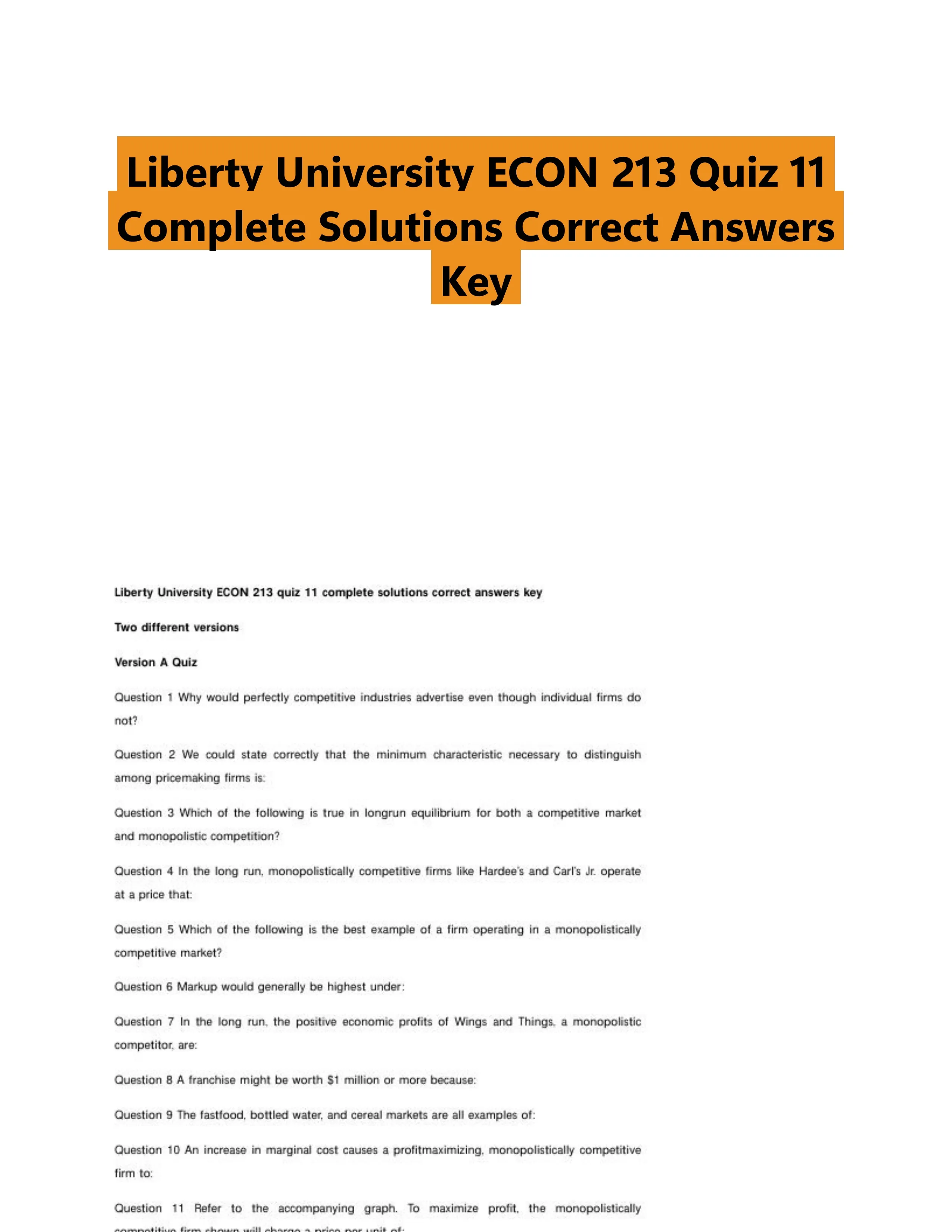 Liberty University ECON 213 Quiz 11 Complete Solutions Correct Answers Key