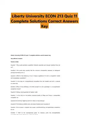 Liberty University ECON 213 Quiz 11 Complete Solutions Correct Answers Key