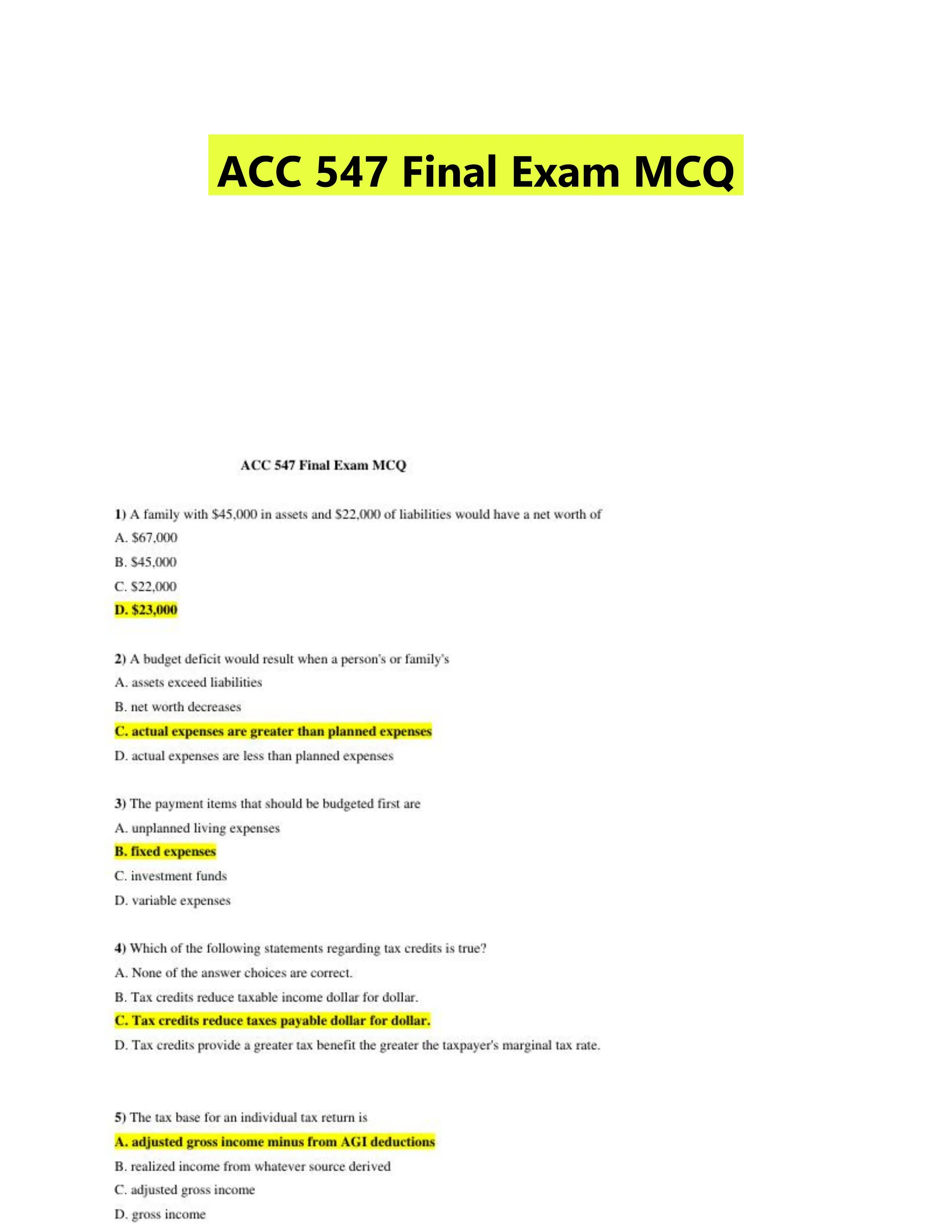 ACC 547 Final Exam MCQ