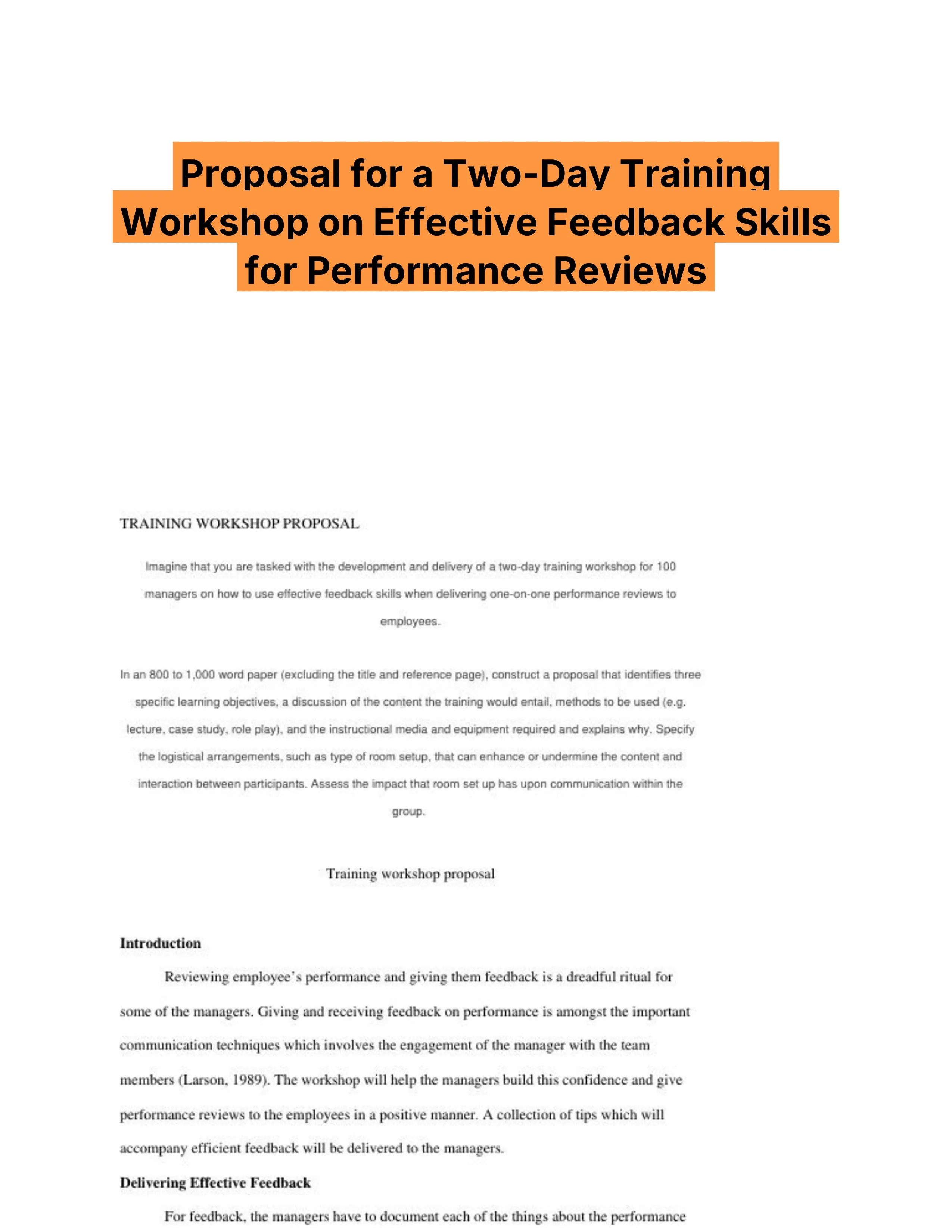 Proposal for a Two-Day Training Workshop on Effective Feedback Skills for Performance Reviews
