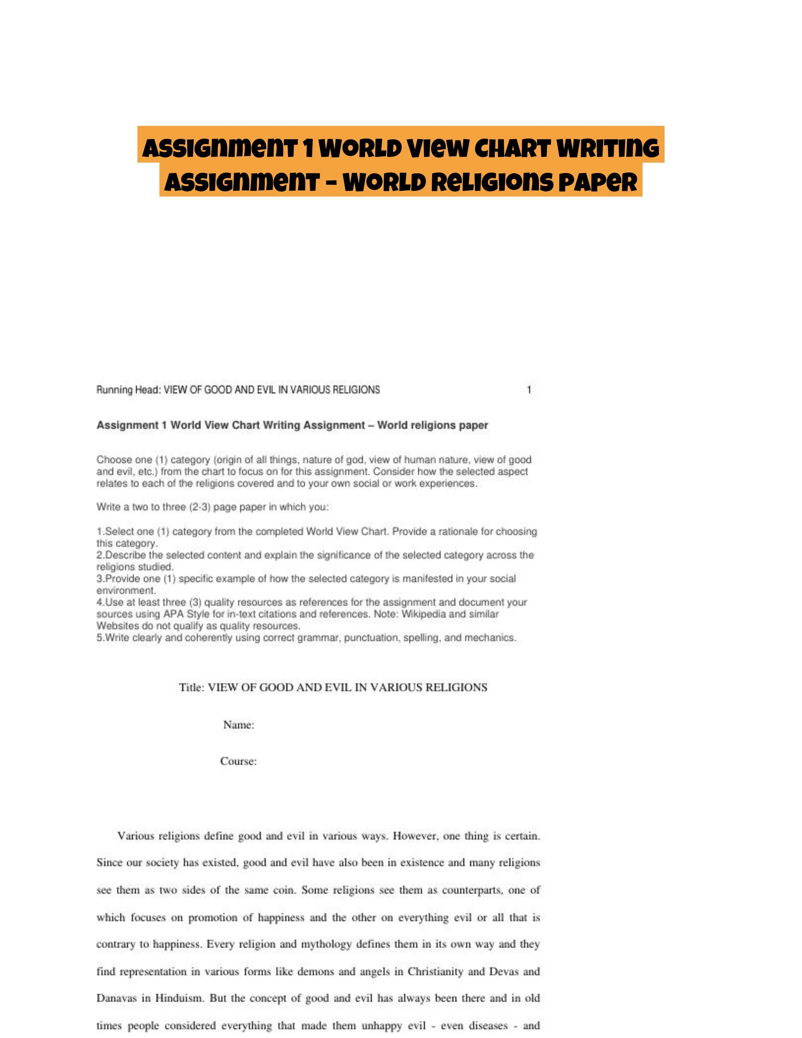 Assignment 1 World View Chart Writing Assignment � World religions paper
